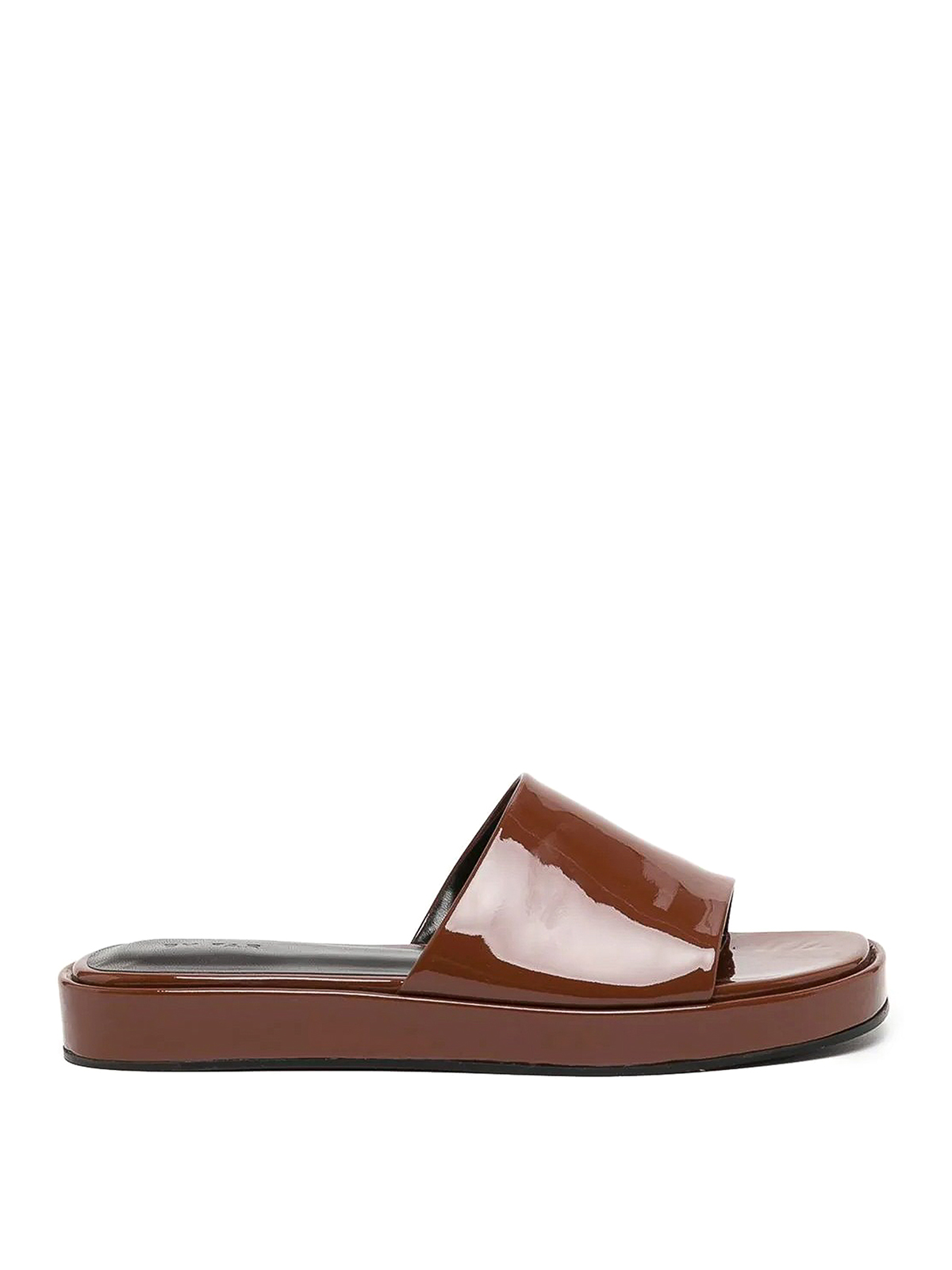 Shop By Far Patent Leather Sandals In Brown