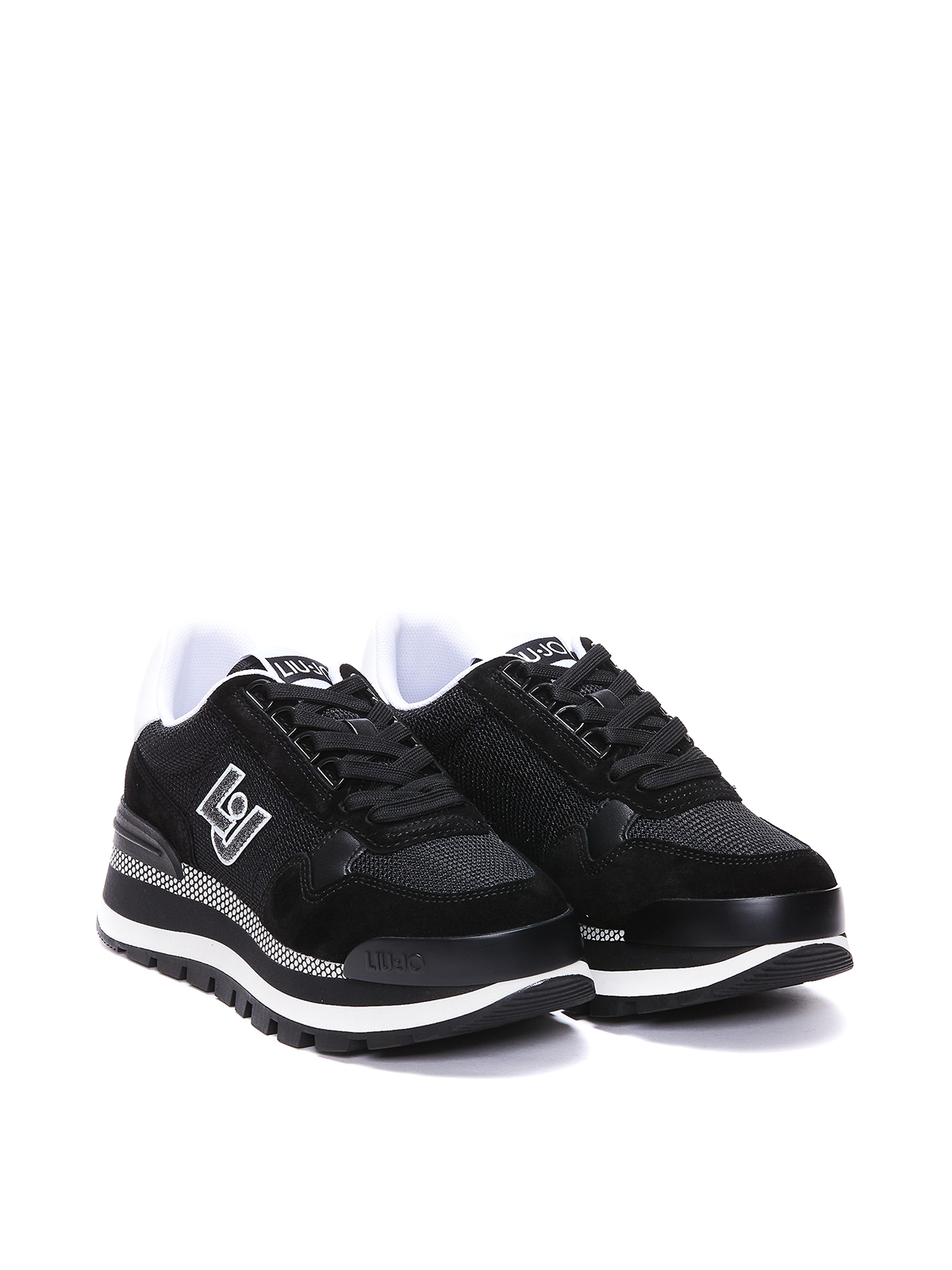 Shop Liu •jo Leather And Fabric Sneakers In Black