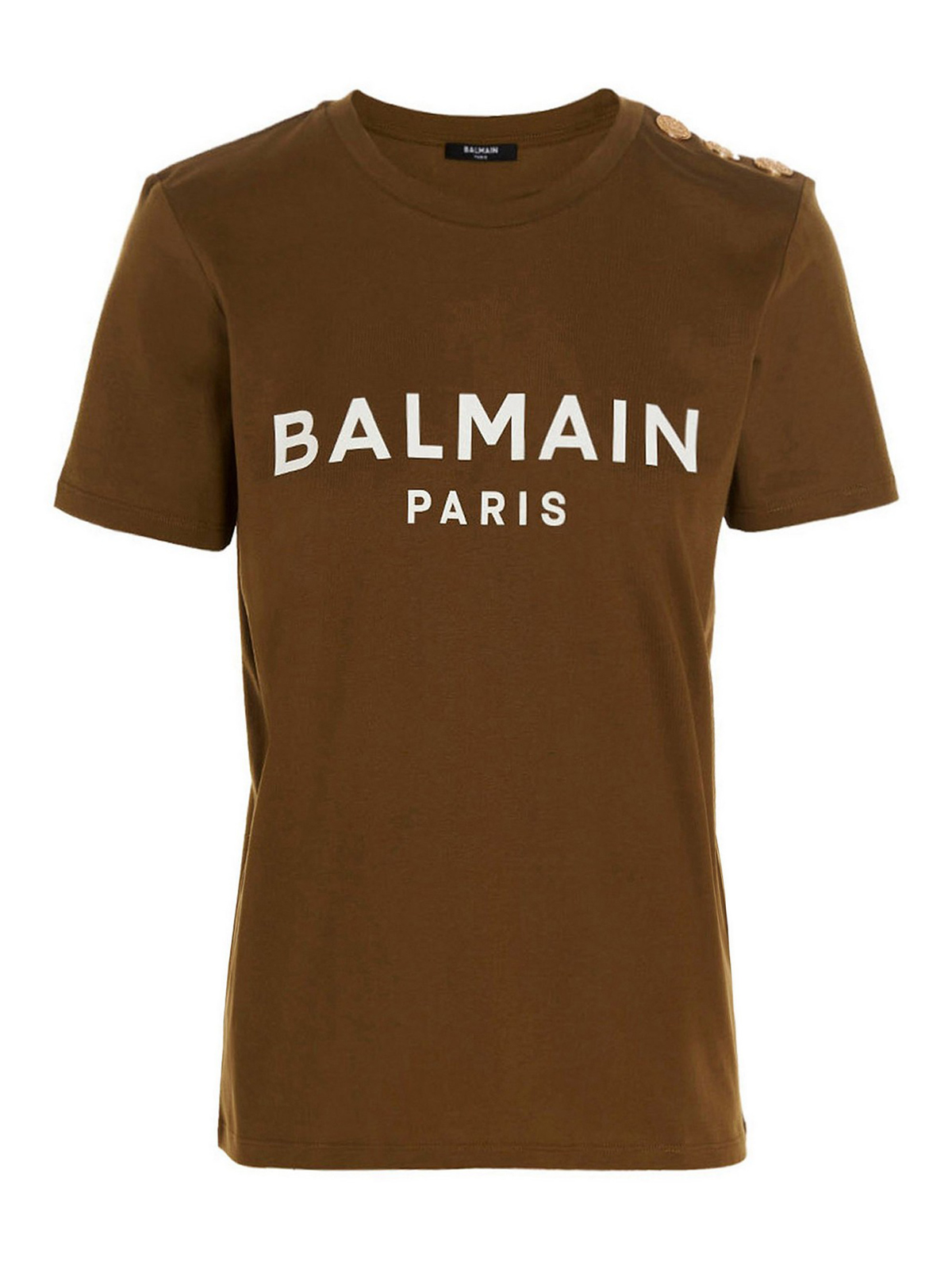 Balmain Logo T-shirt With Gold Button Detail In Green