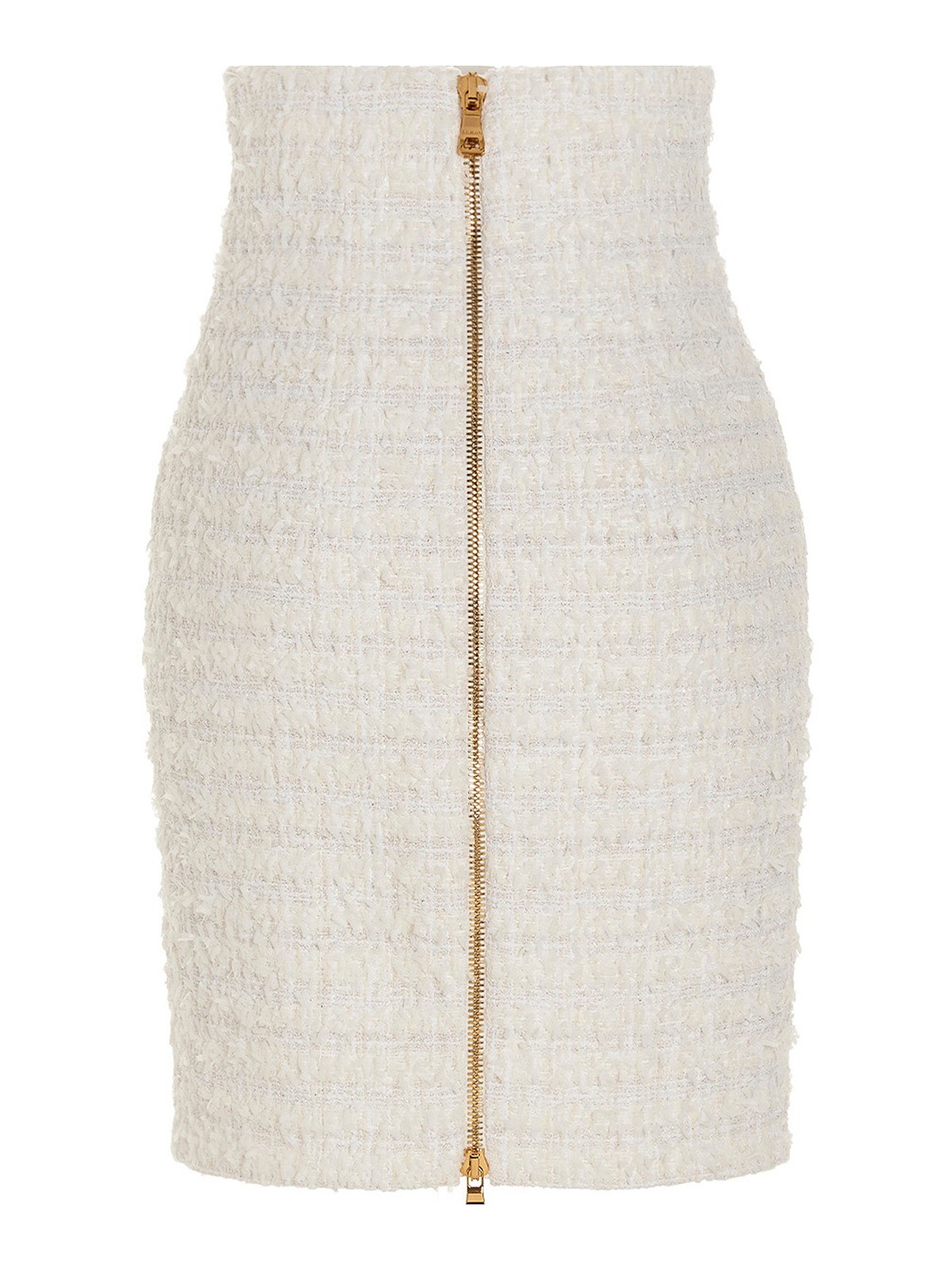 Shop Balmain Logo Button Tweed Skirt In White