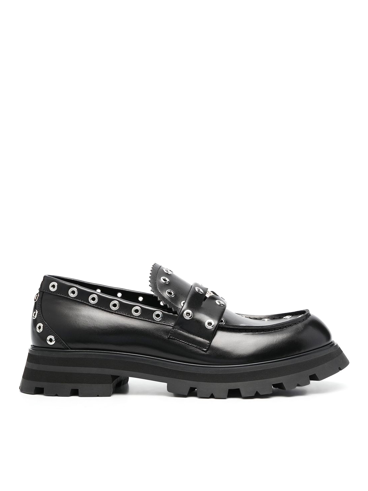 Shop Alexander Mcqueen Leather Loafers With Eyelet In Black