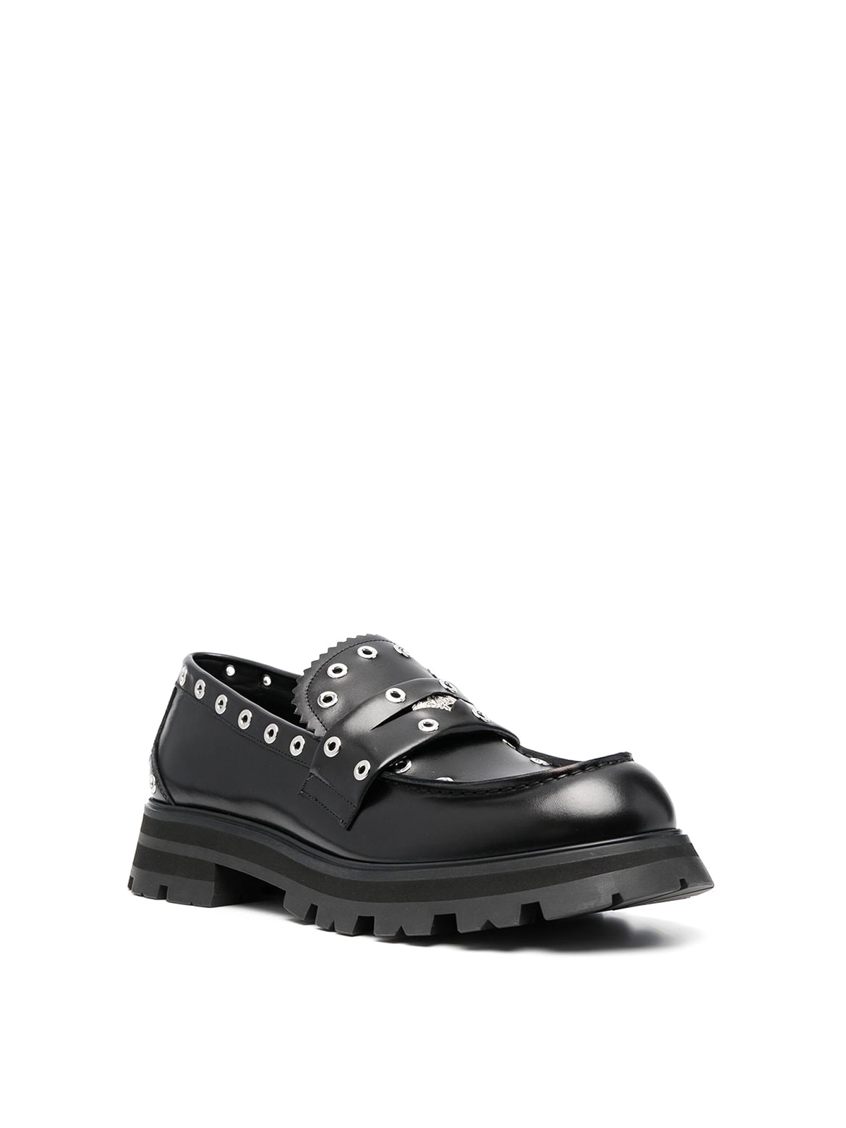 Shop Alexander Mcqueen Leather Loafers With Eyelet In Black