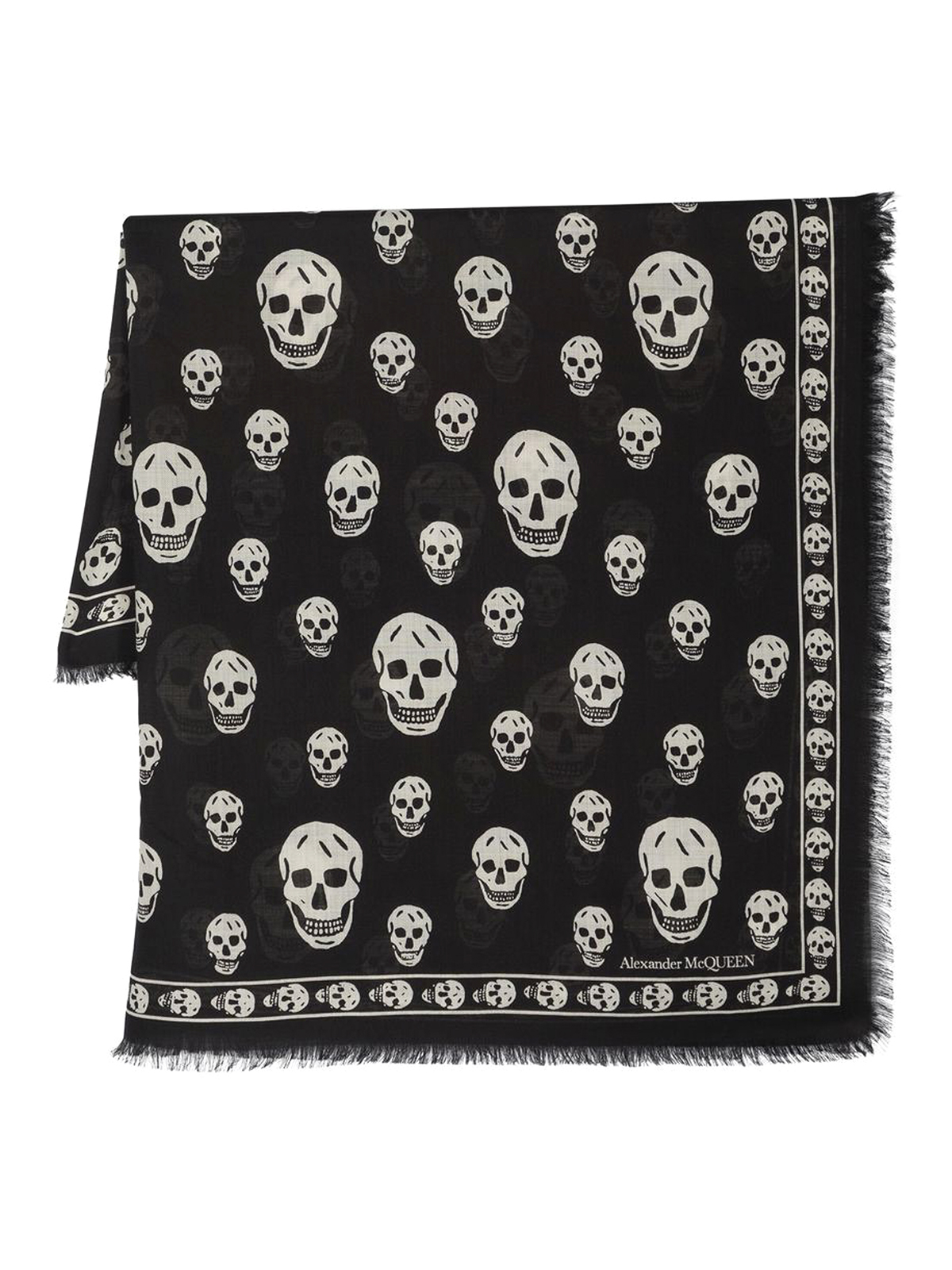 Alexander Mcqueen Logo Printed Scarf With Raw-cut-edge In Black