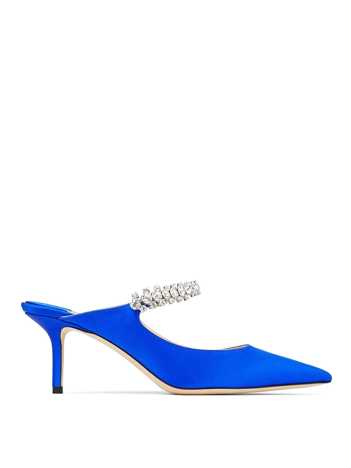 Shop Jimmy Choo Bing Satin Finished Mules With Crystal In Azul