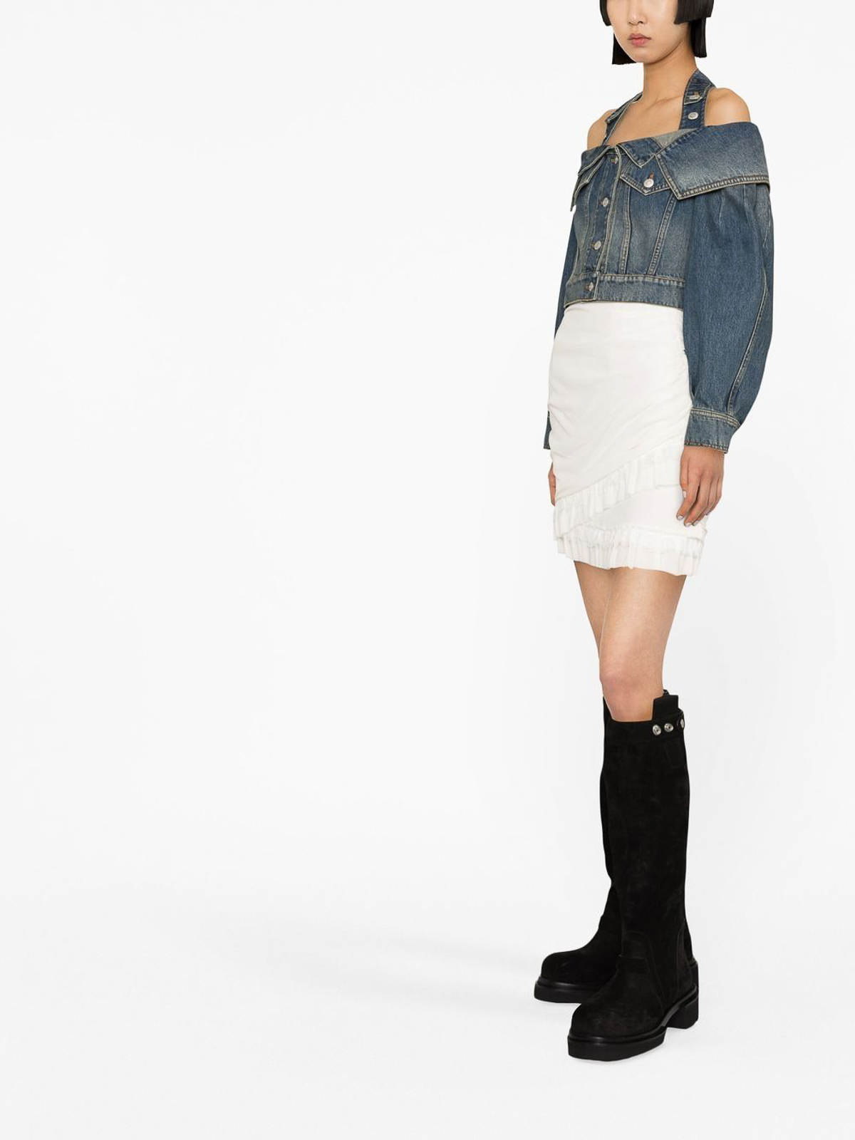 Shop Alexander Mcqueen Off-shoulder Denim Jeans Jacket In Light Wash