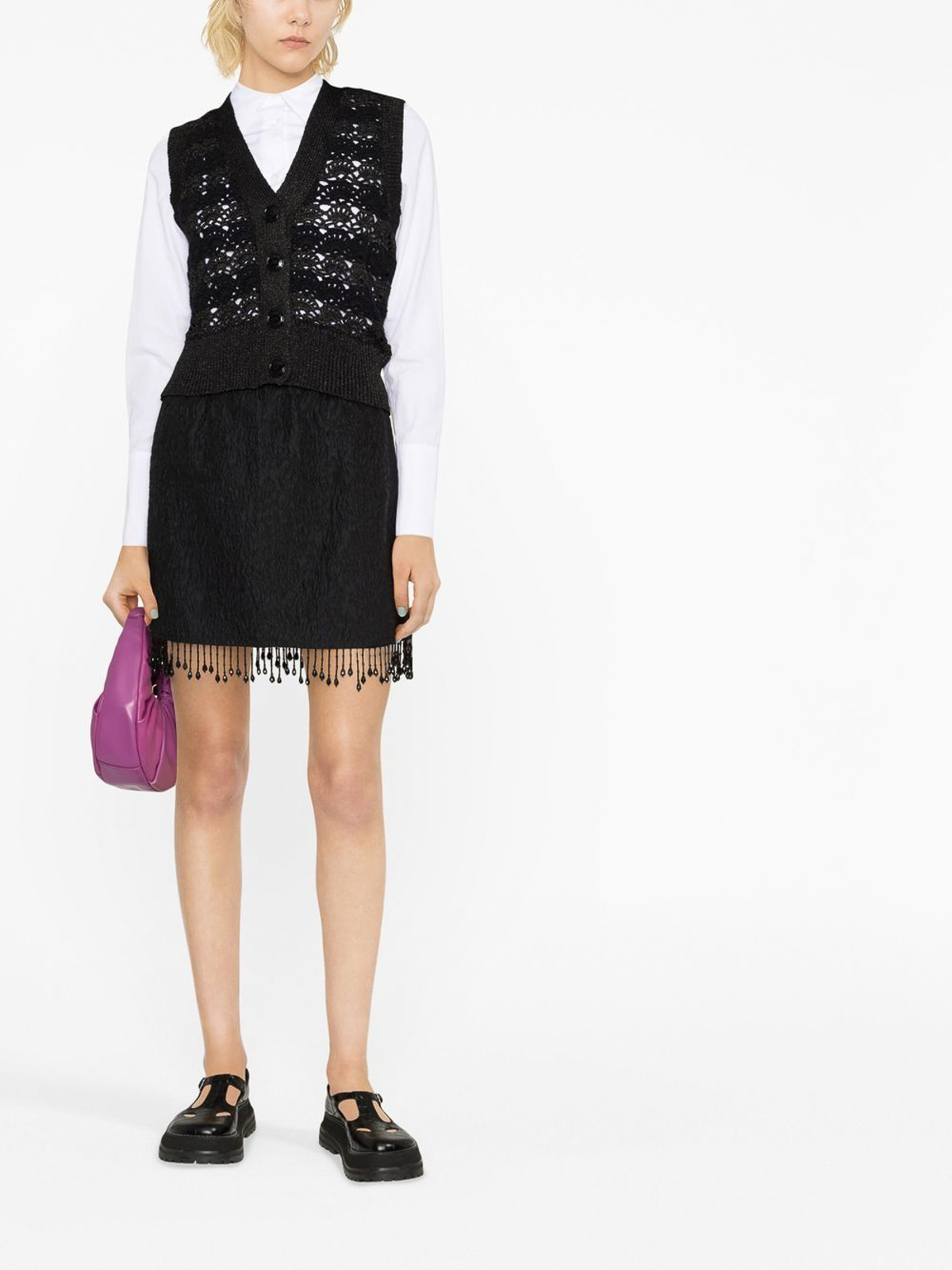 Shop Ganni Organza Fringed Skirt In Black