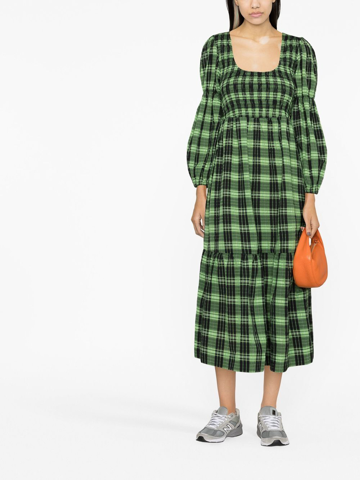 Shop Ganni Checerboard Dress In Green
