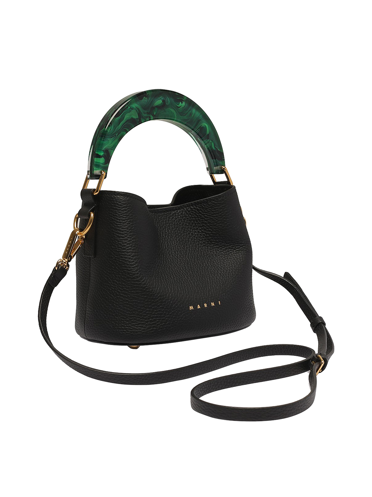 Shop Marni Hammered Leather Bag With Detailed Handle In Black