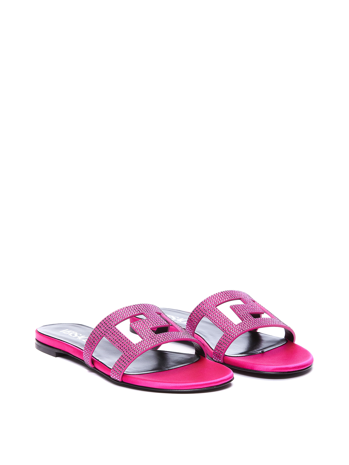 Shop Versace Flat Sandals With Crystal Details And Logo In Pink