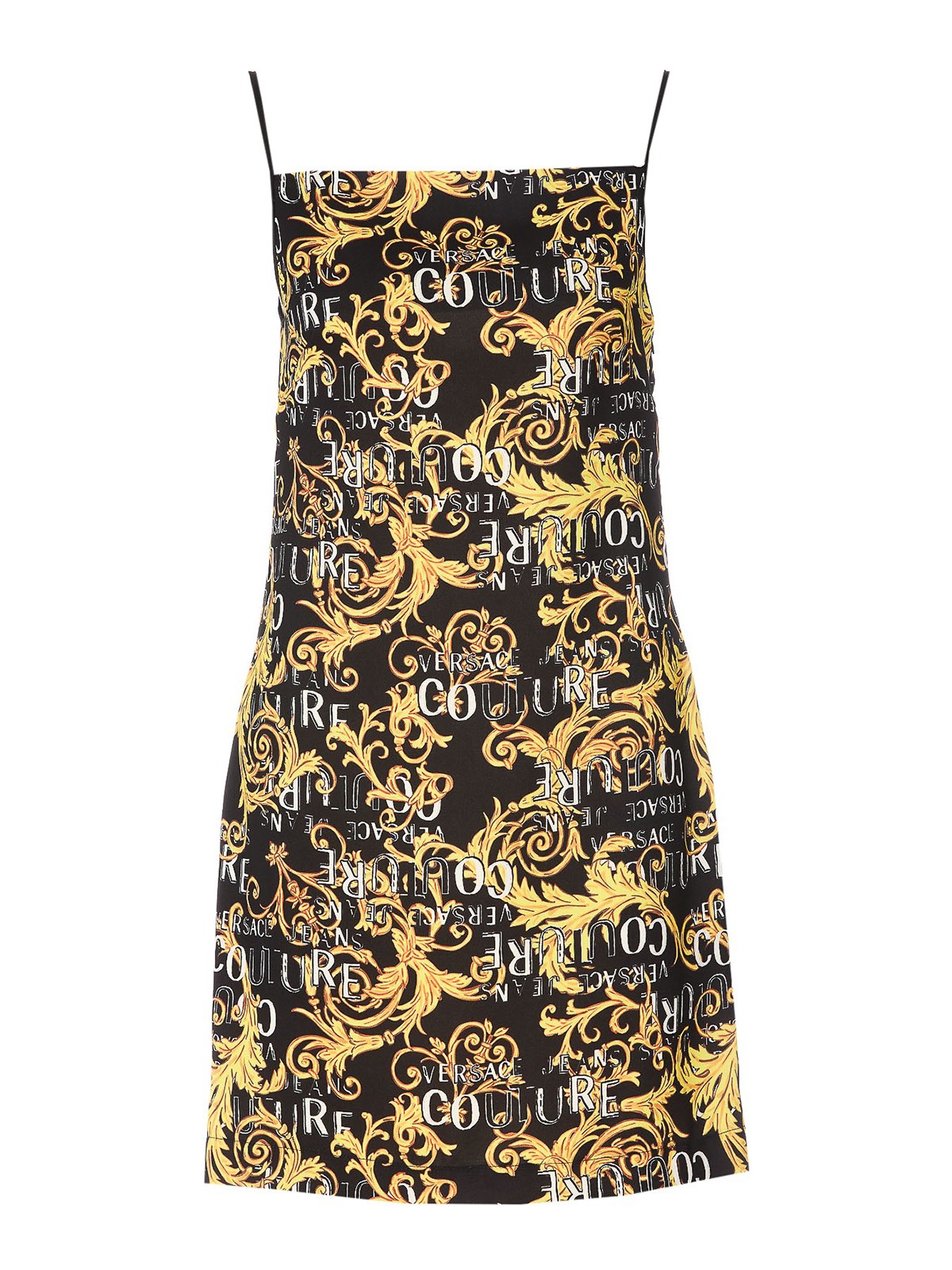 Shop Versace Jeans Couture Mini Dress With Printed Logo And Straps In Black
