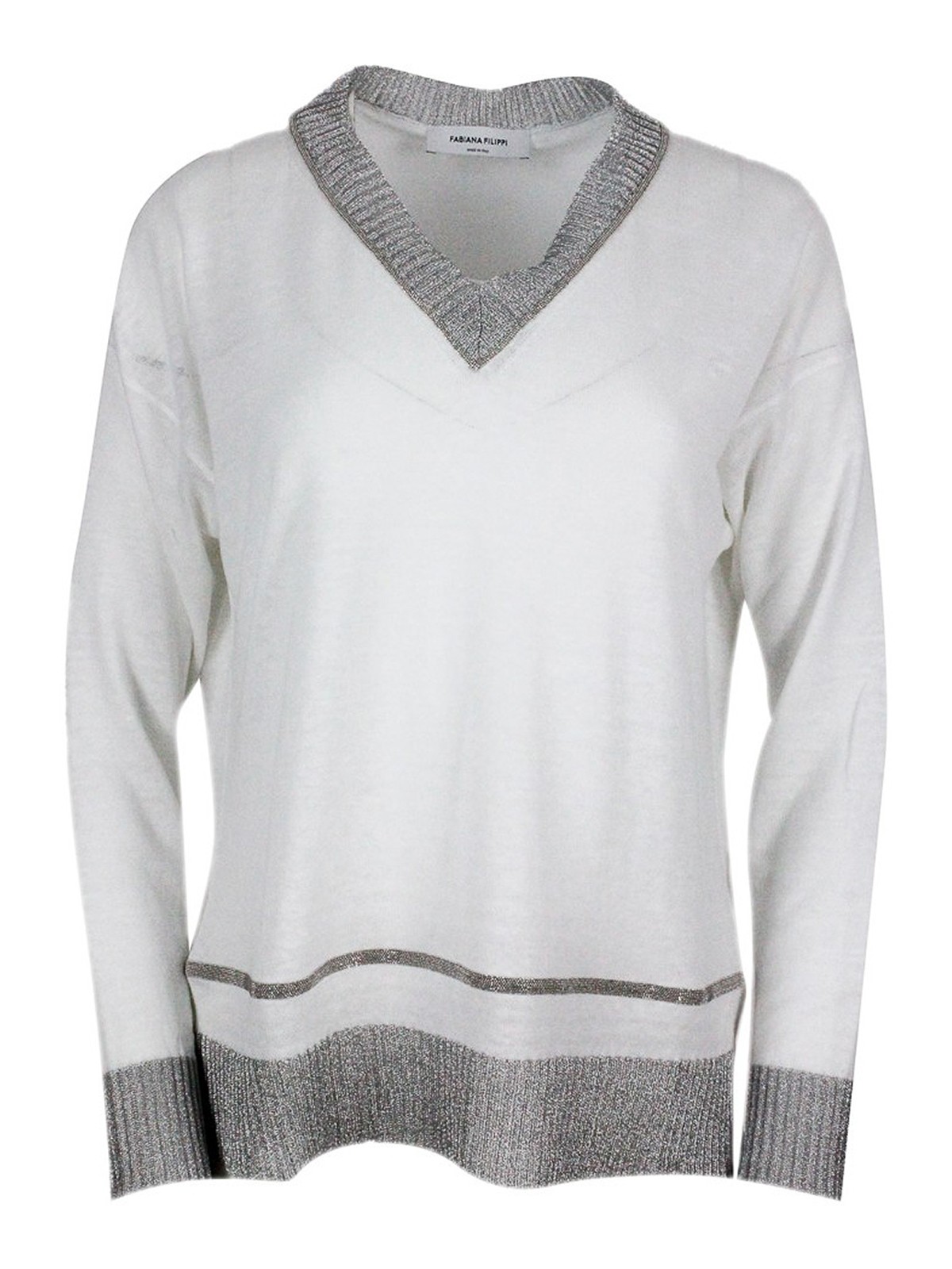 Fabiana Filippi Cotton And Hemp Thread Sweater With V-neck In White