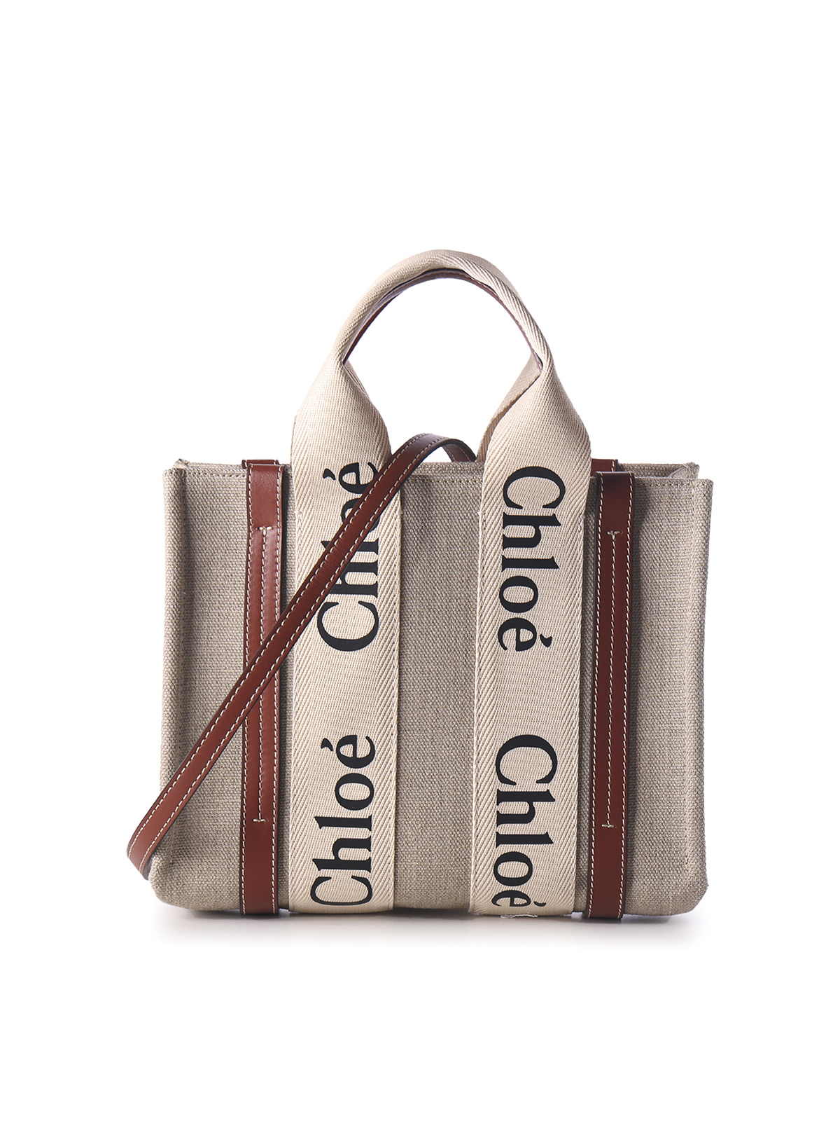 Chloé Linen Bag With Leather And Logo Details In White