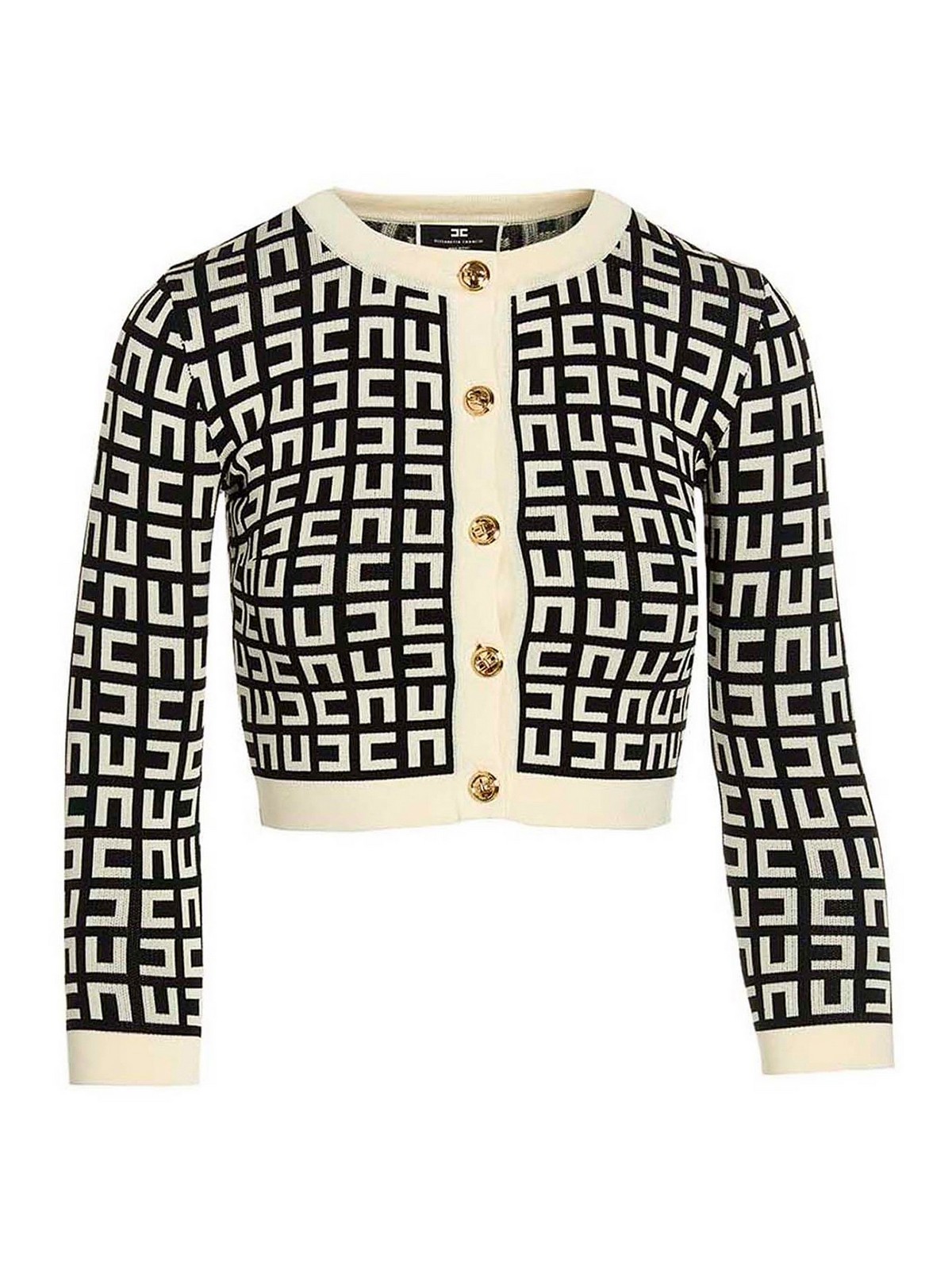 ELISABETTA FRANCHI ロゴ総柄 カーディガン S 白黒 金ボタン Elisabetta Franchi Cropped logo cardigan - White|MK33Z31E2685