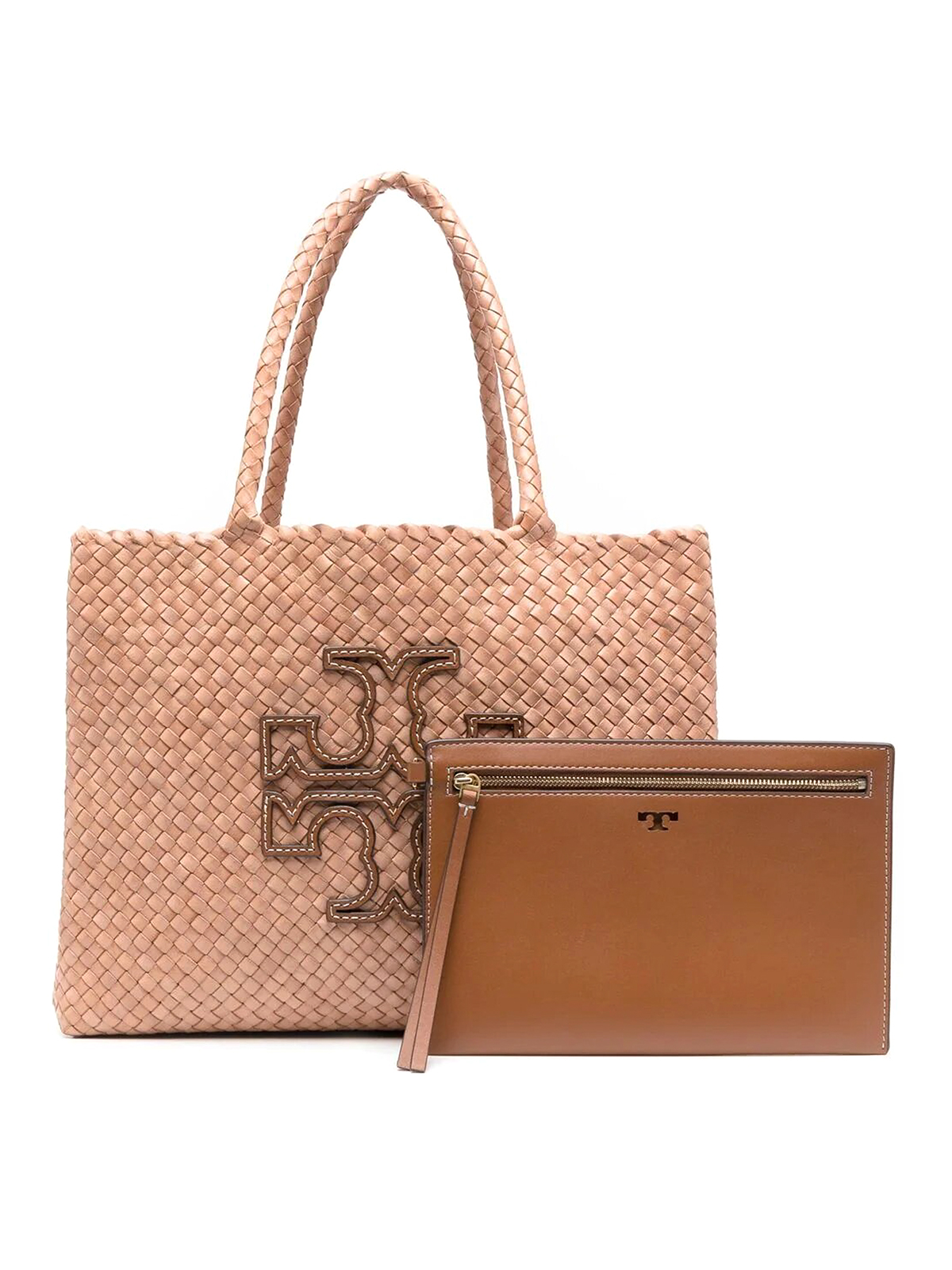 Tory Burch Mcgraw Dragon Woven  Tote With Pouch And Logo In Brown