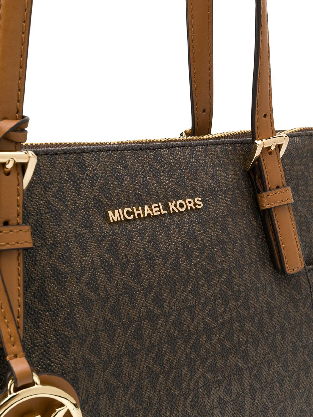 Shop Michael Michael Kors Jet Set Monogram Bag With Logo Charm In Brown