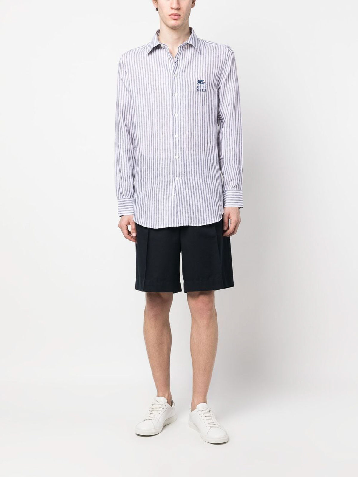 Shop Etro Embroidered-logo Striped Shirt In Light Blue