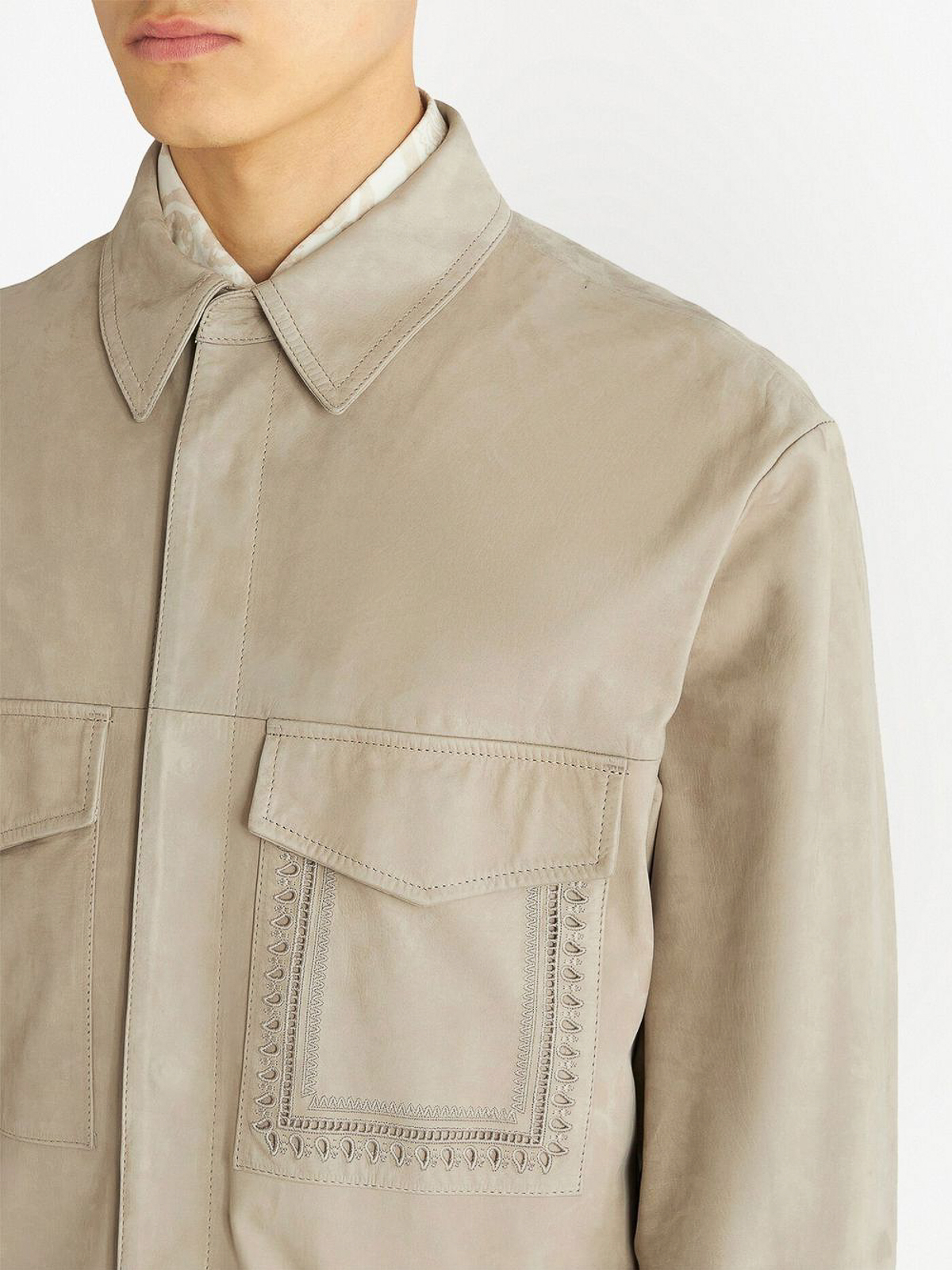 Shop Etro Shirt Style Leather Jacket In Marrón Topo