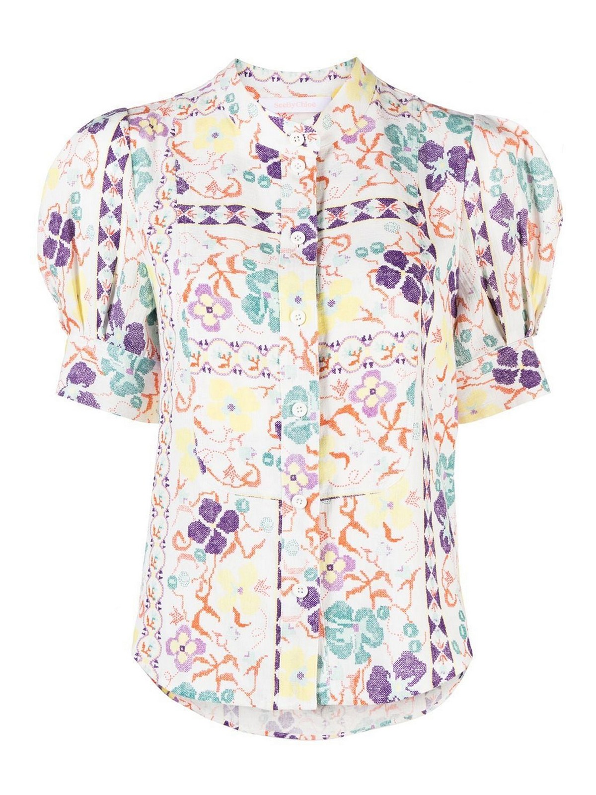 See By Chloé Short Puff-sleeve Shirt In Multicolour