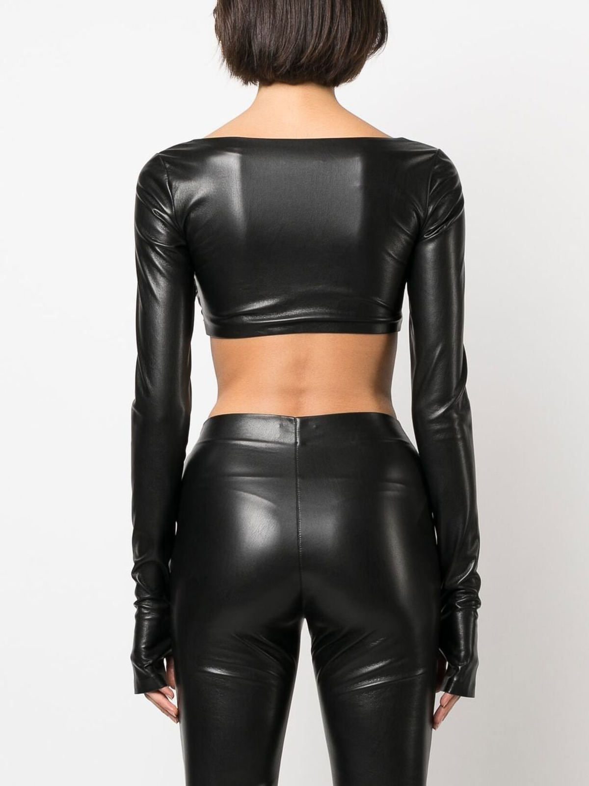 Faux Leather Long Sleeve Zip Up Crop Top - Black