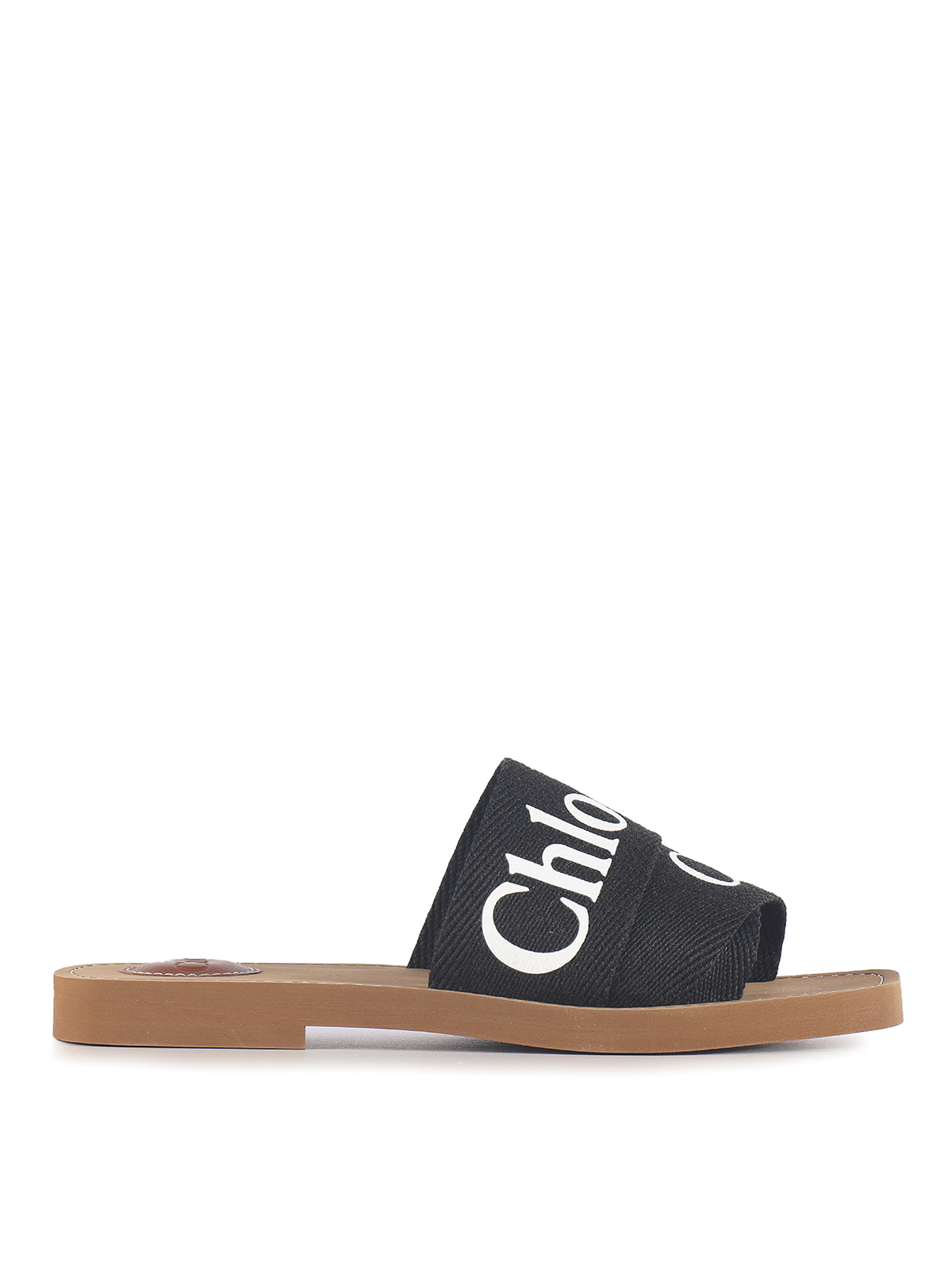 Chloé Flat Sandals With Linen Band And Logo In Negro