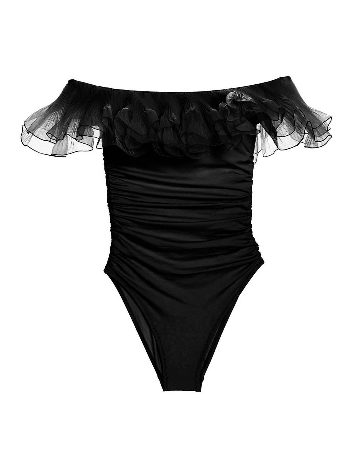 Shop Giambattista Valli One-piece Off-the-shoulder Ruffles Swimsuit In Negro