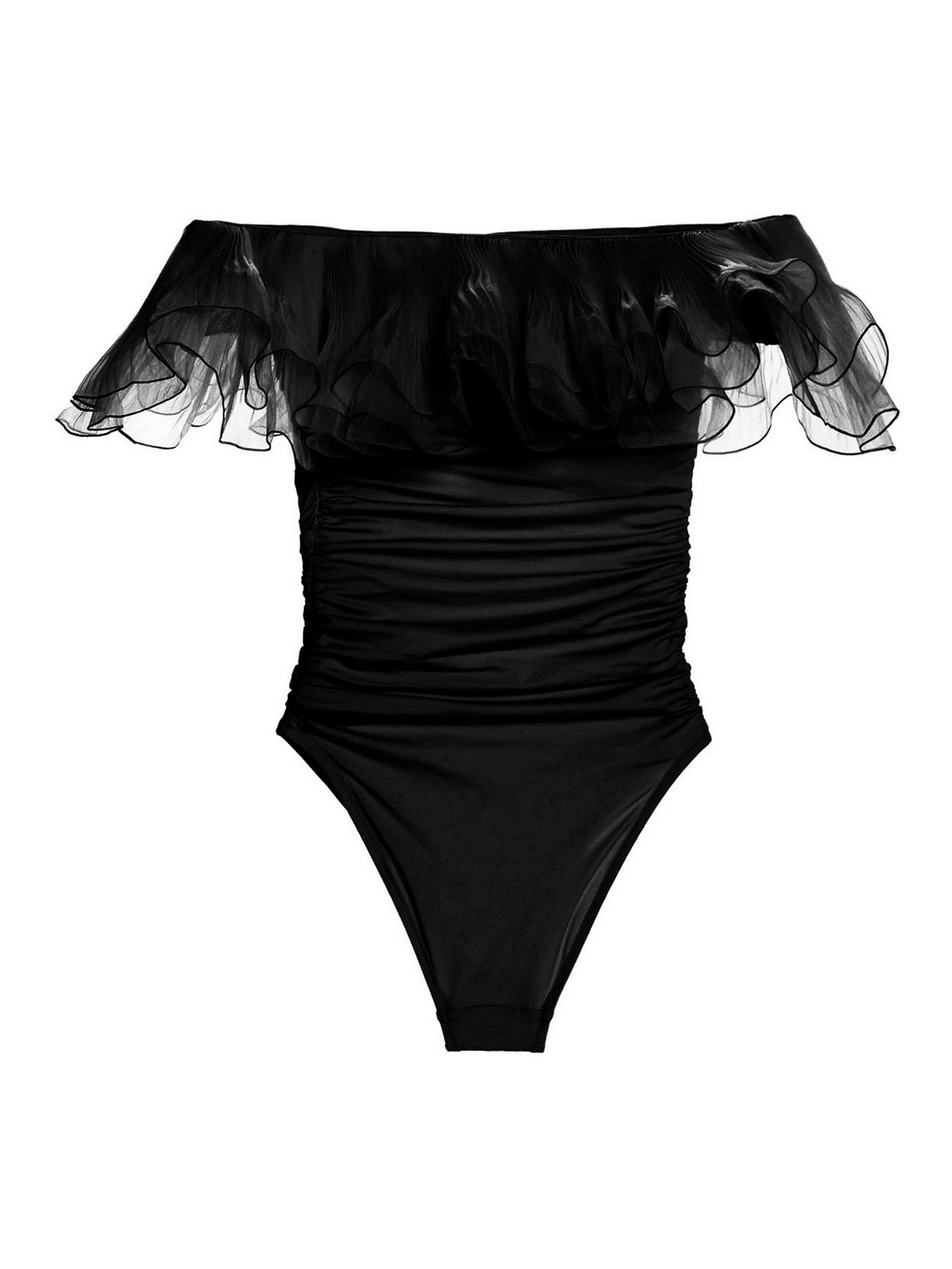 Shop Giambattista Valli One-piece Off-the-shoulder Ruffles Swimsuit In Negro
