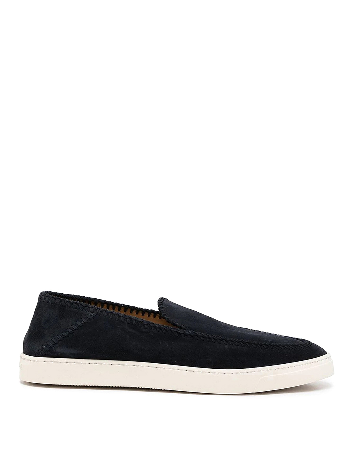 Giorgio Armani Suede Loafers With Embroidered Edging In Navy