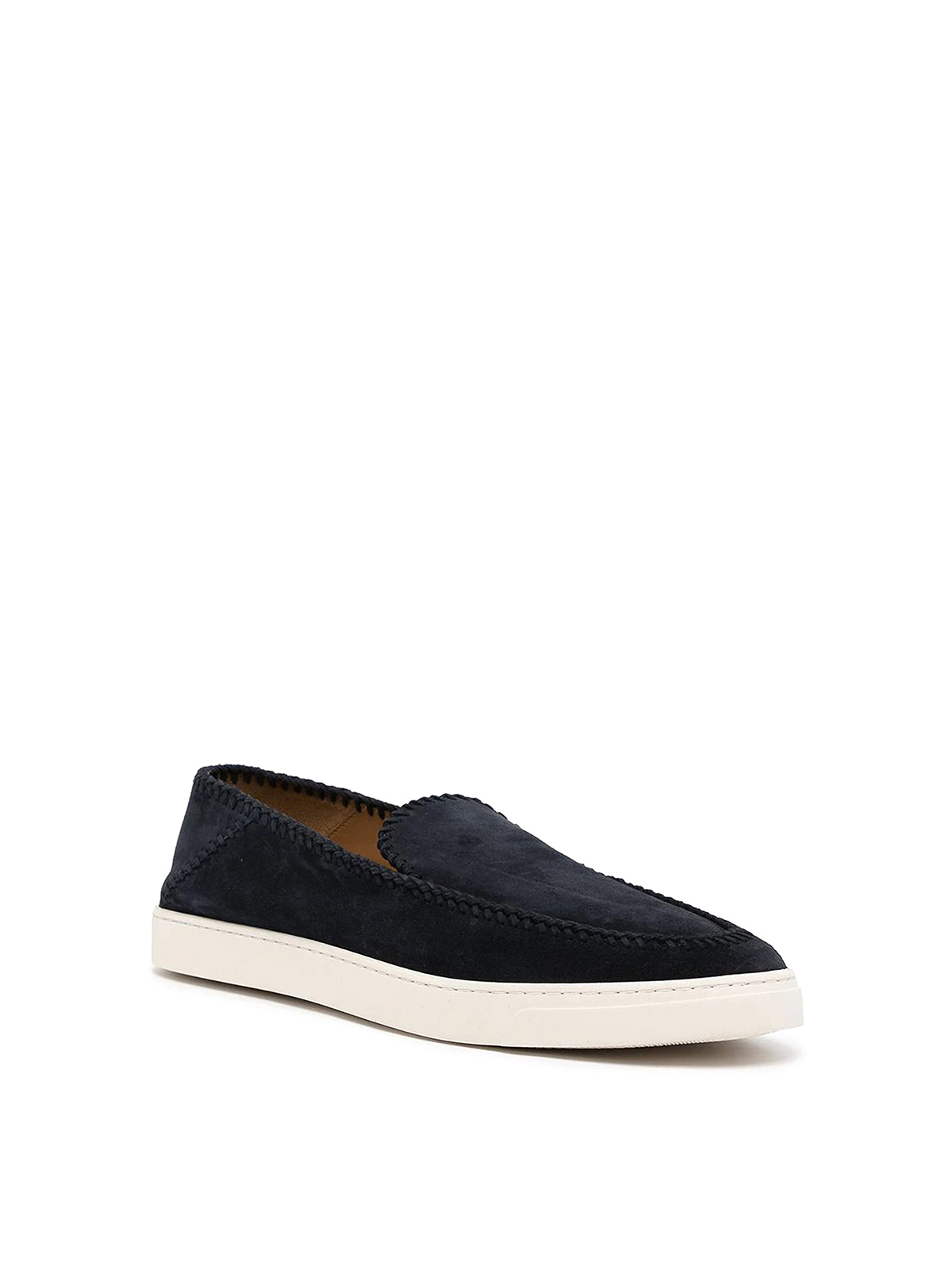 Shop Giorgio Armani Suede Loafers With Embroidered Edging In Blue