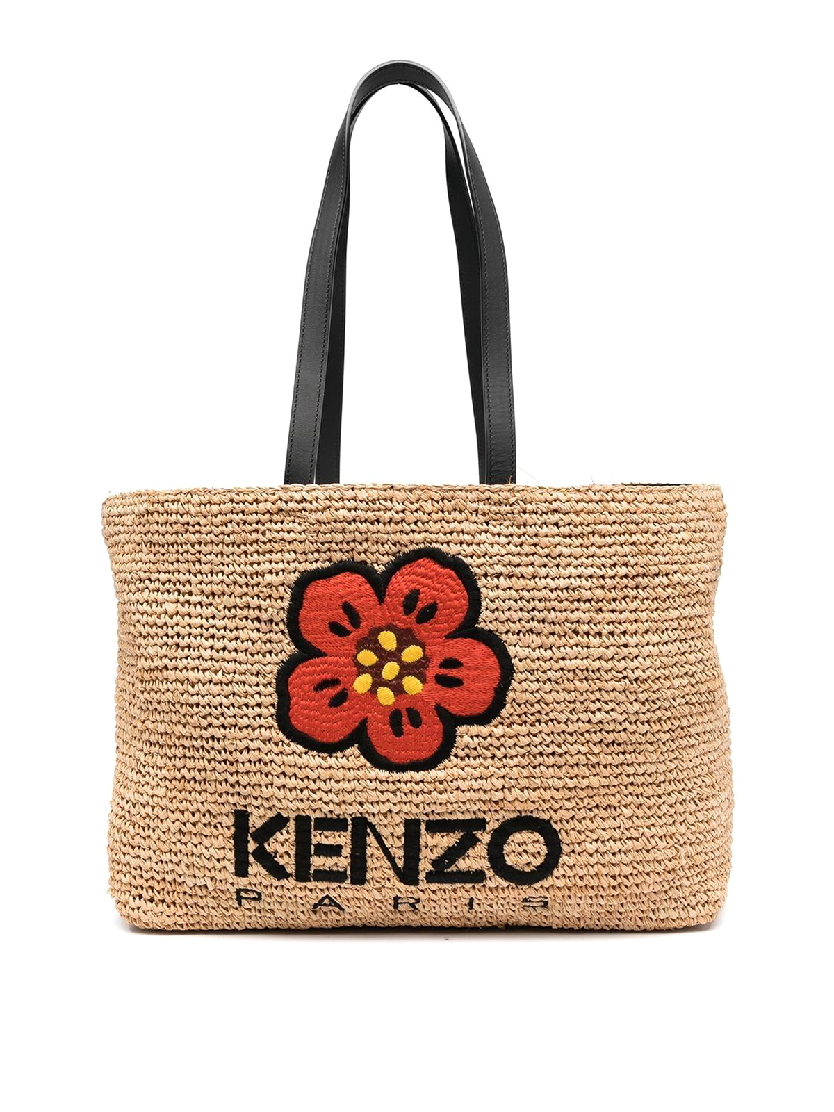 Kenzo Boke Flower Straw Bag With Logo In Beige