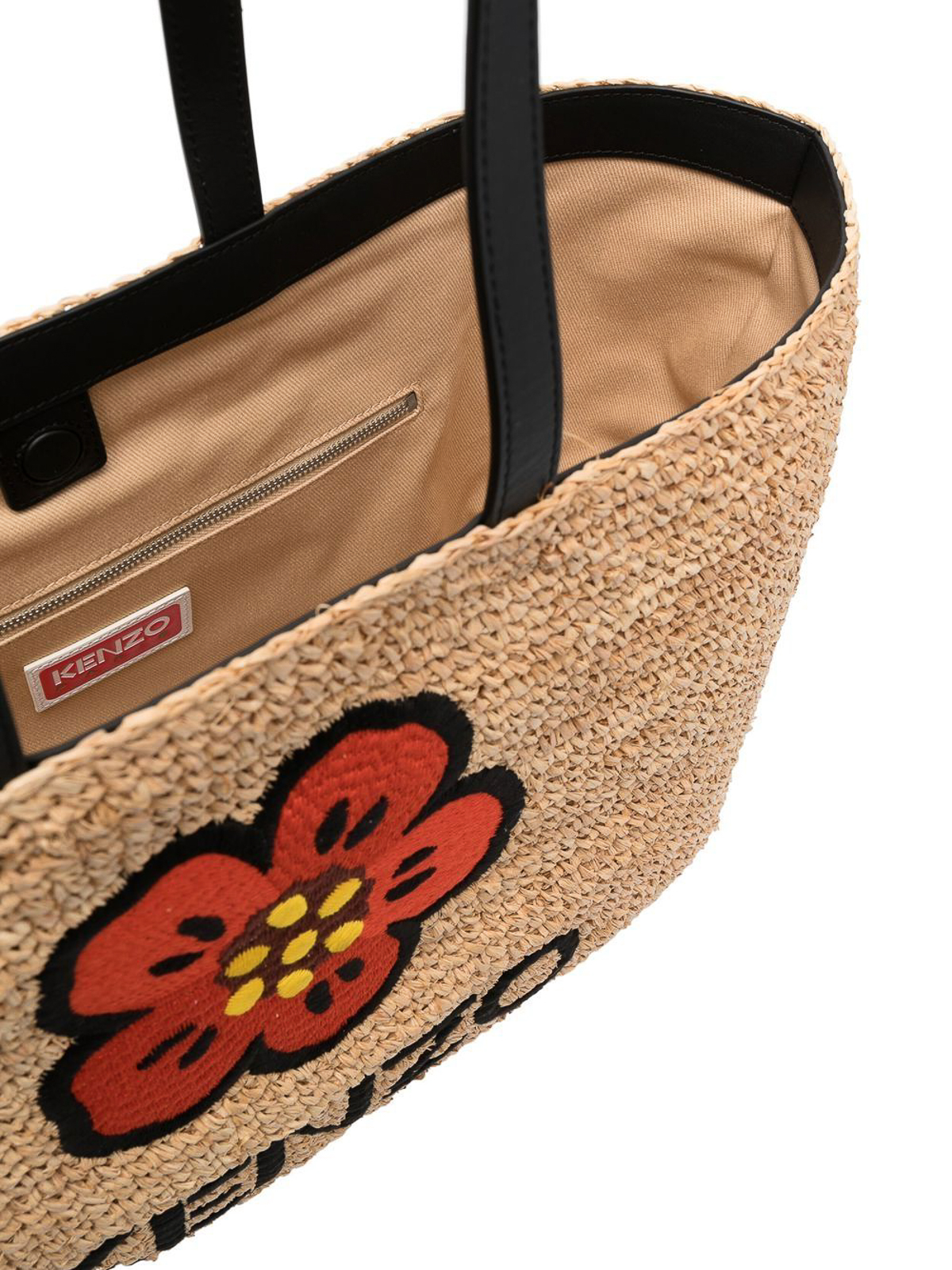 Shop Kenzo Boke Flower Straw Bag With Logo In Beige