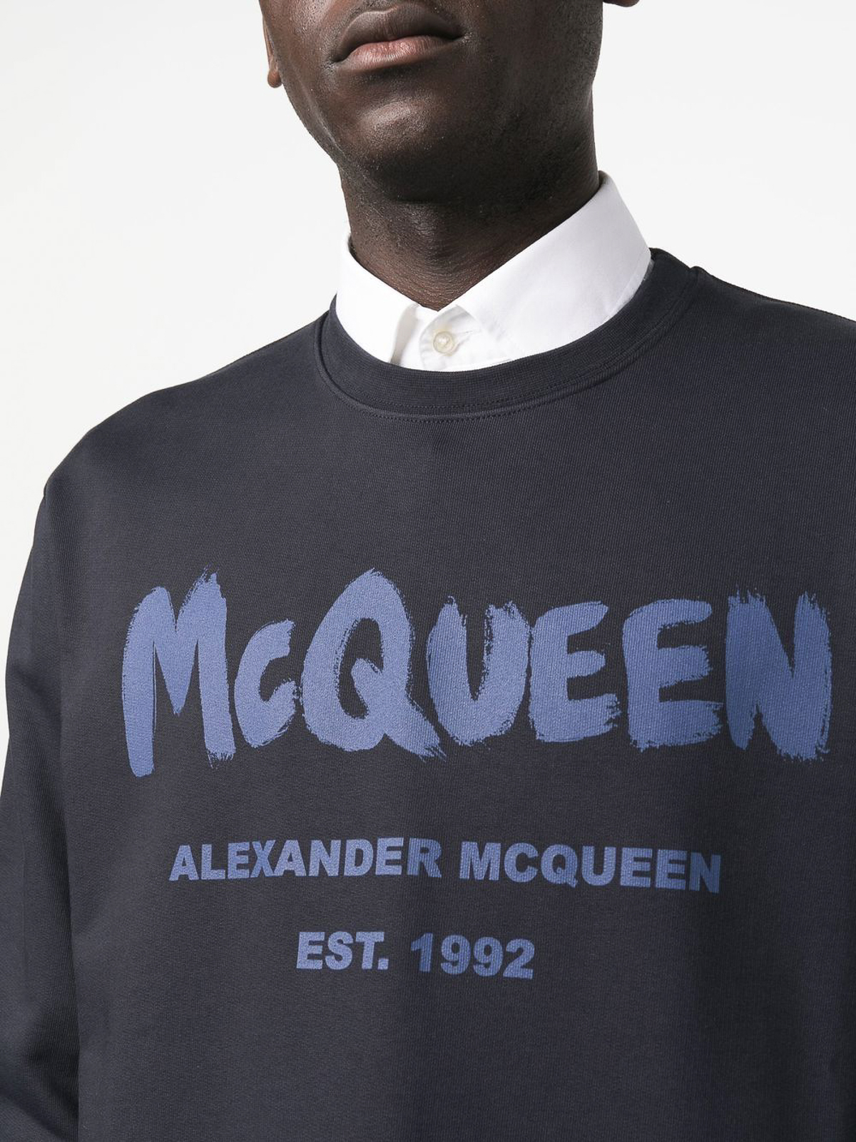 Shop Alexander Mcqueen Cotton Crewneck Sweather With Front Logo In Blue
