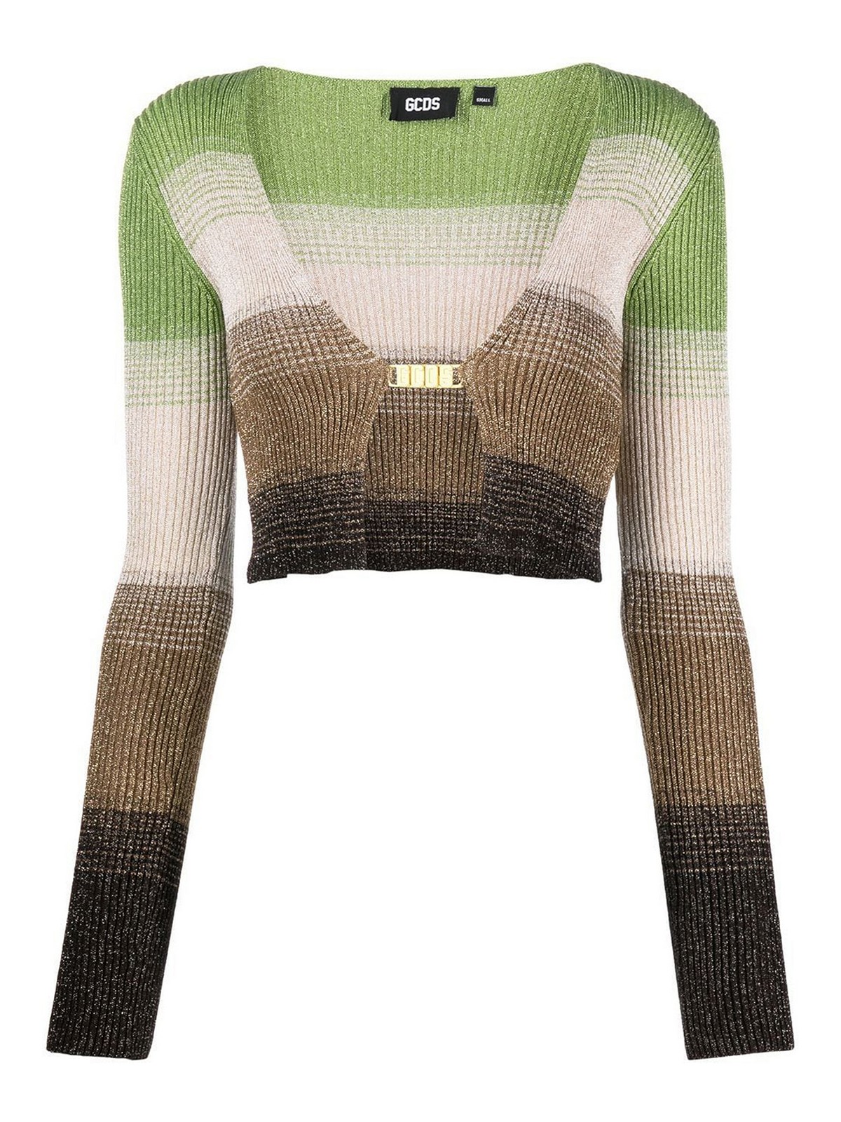 Shop Gcds Knitted Cropped Cardigan With Lurex Details In Green