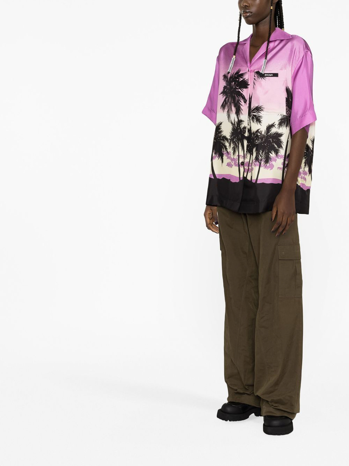 Shop Palm Angels Printed Silk Shirt With Notched Collar In Purple