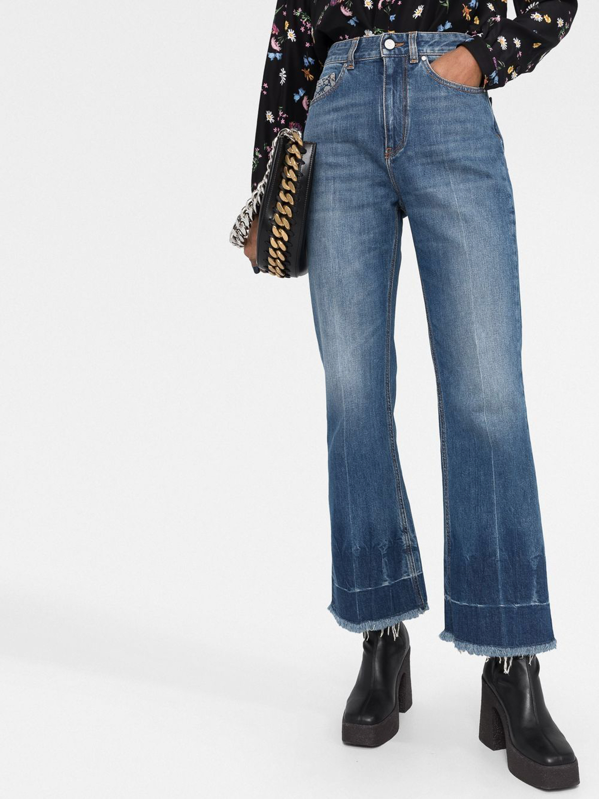 Shop Stella Mccartney Frayed-edge Cropped Jeans With Hight Waist In Light Wash