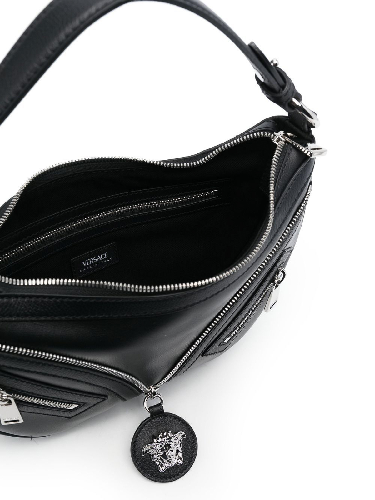 Shop Versace Medusa Leather Zip-detailed Bag With Plaque In Negro