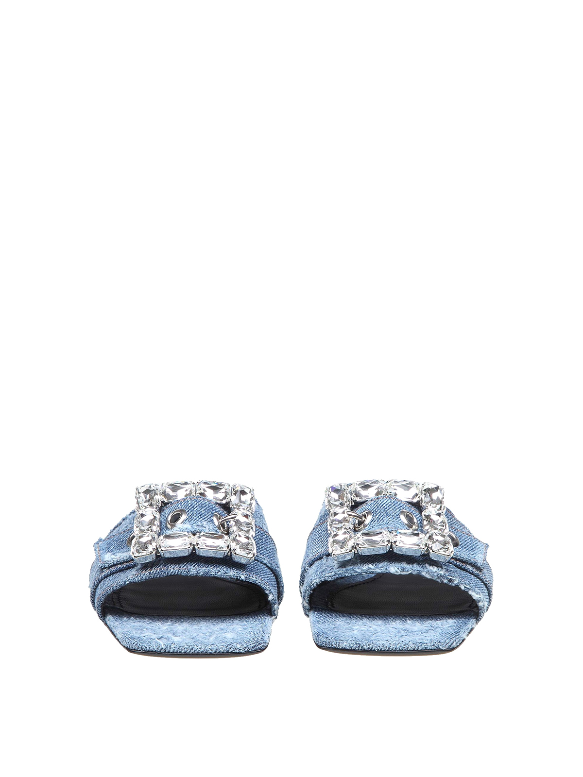 Shop Dolce & Gabbana Low Denim Sandals With Rhinestone Buckle In Light Wash