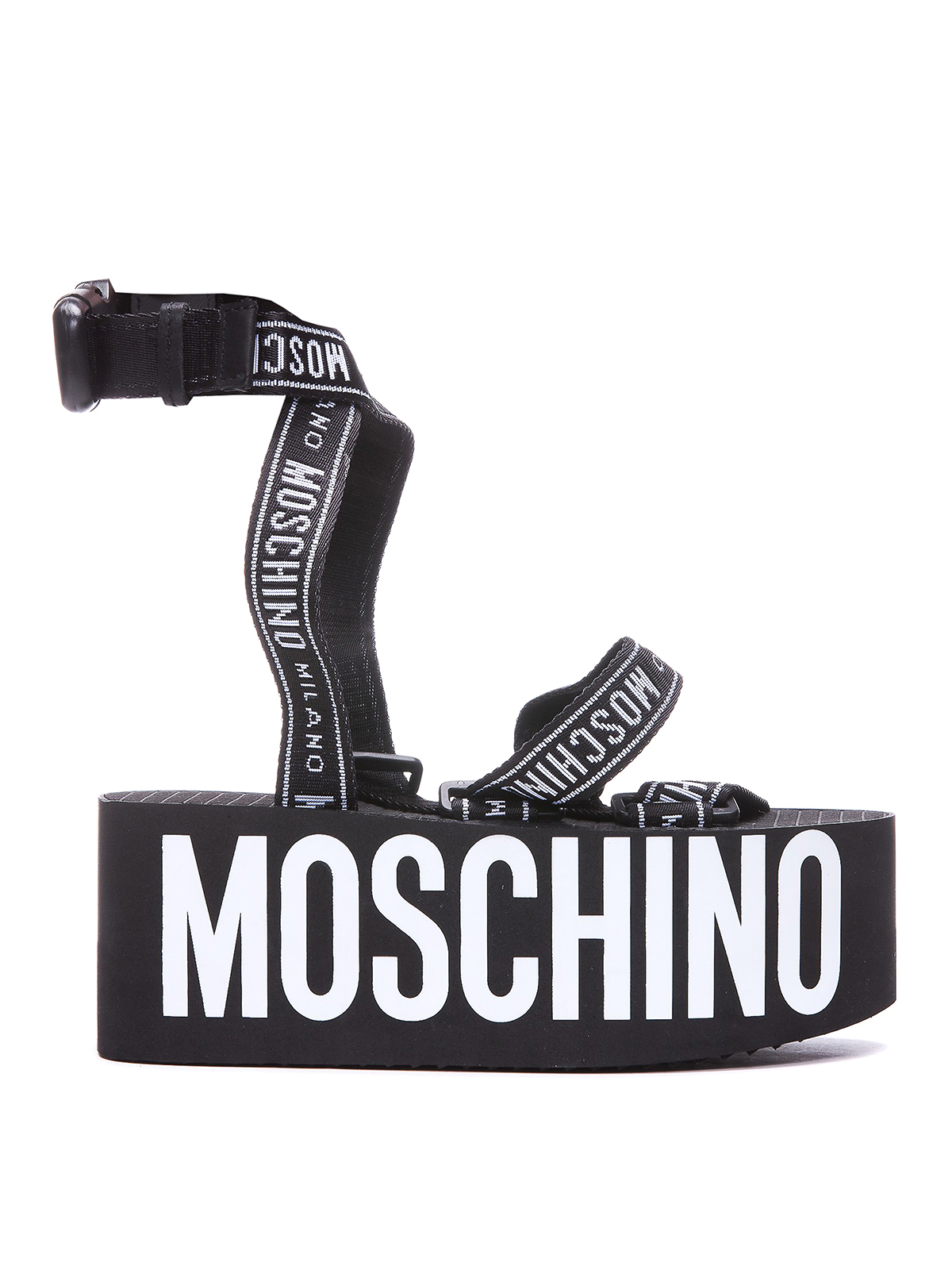 Shop Moschino Wedge Leather Blend Sandals In Black