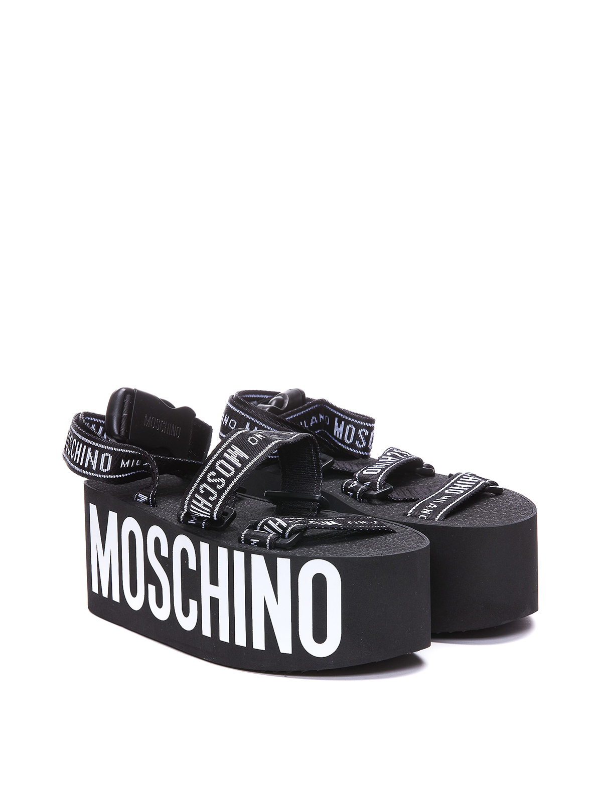 Shop Moschino Wedge Leather Blend Sandals In Black
