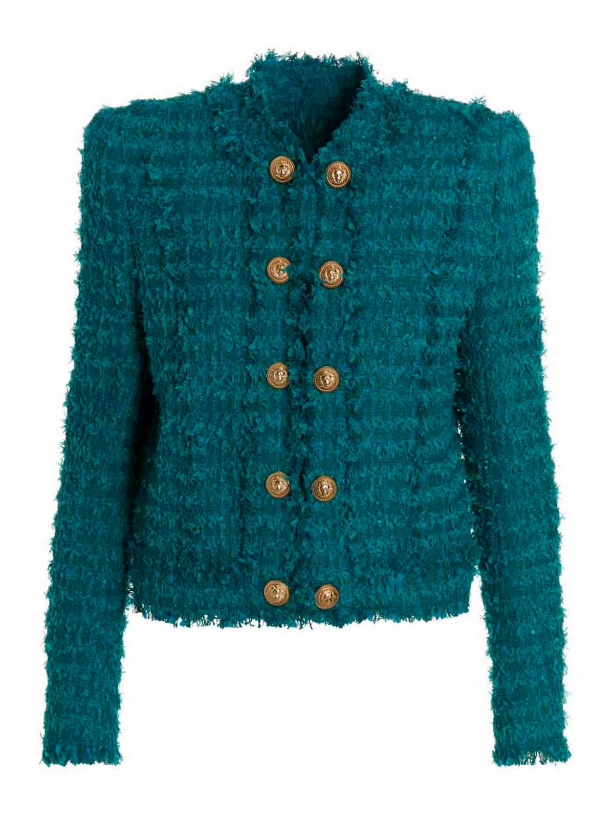 Balmain Teal Tweed Jacket In Blue