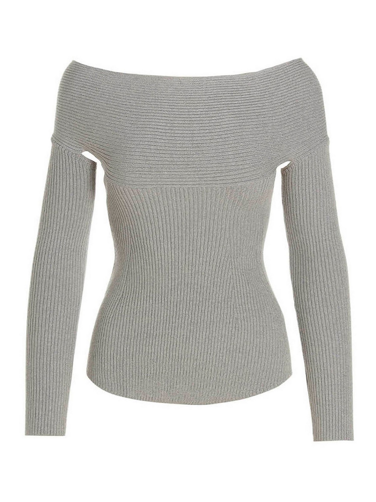 Khaite Salma Off-the-shoulder Cutout Metallic Ribbed-knit Top In Light Grey