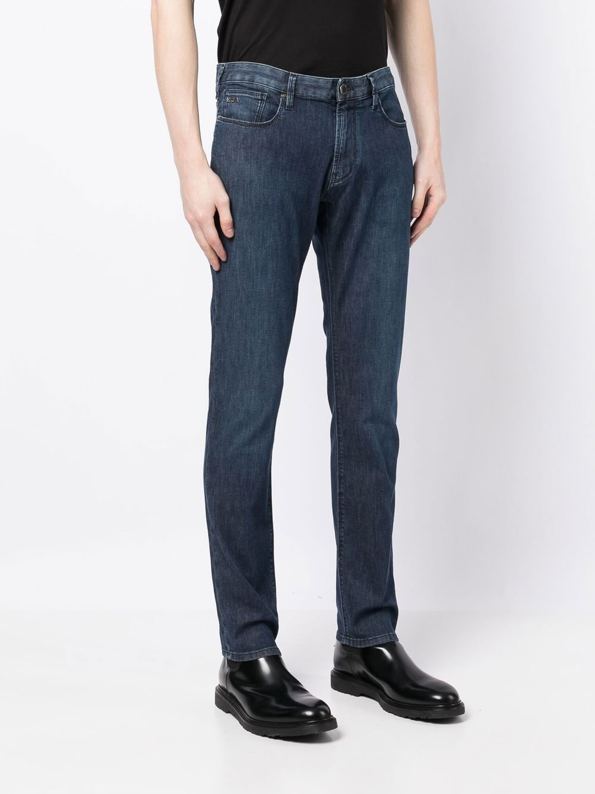 Shop Emporio Armani Mid-rise Slim-cut Jeans With Logo In Light Wash