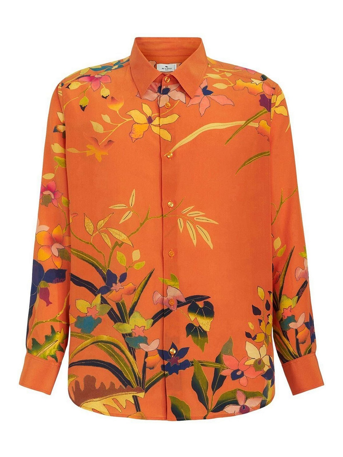 Shop Etro Floral-print Silk Shirt With Classic Collar In Orange