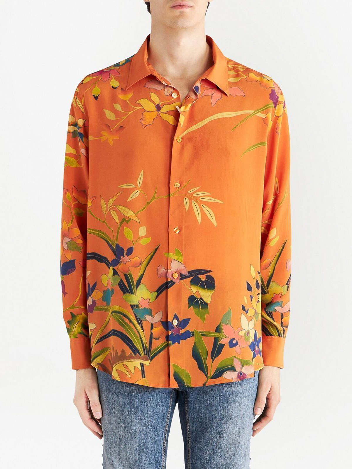 Shop Etro Floral-print Silk Shirt With Classic Collar In Orange