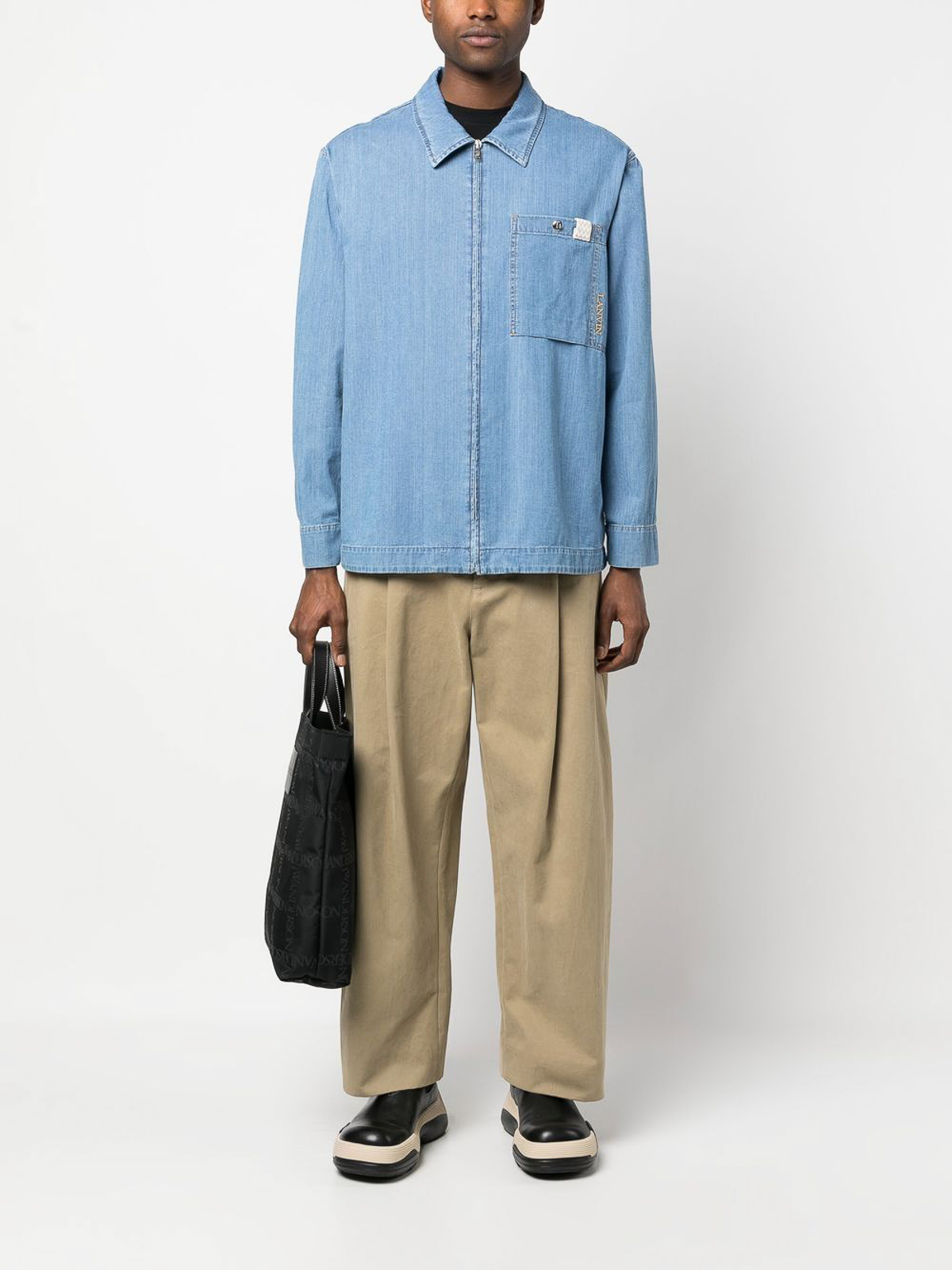 Shop Lanvin Zip-up Denim Shirt With Pocket And Logo In Light Blue