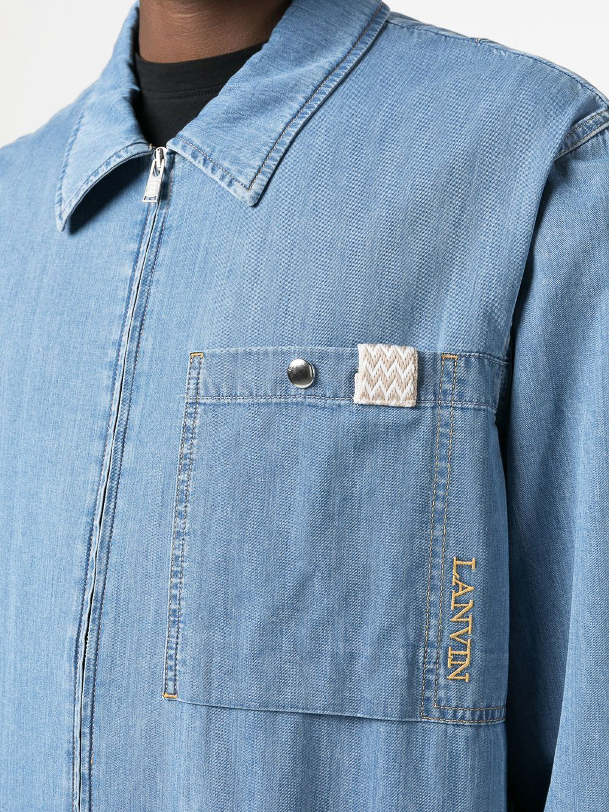 Shop Lanvin Zip-up Denim Shirt With Pocket And Logo In Light Blue