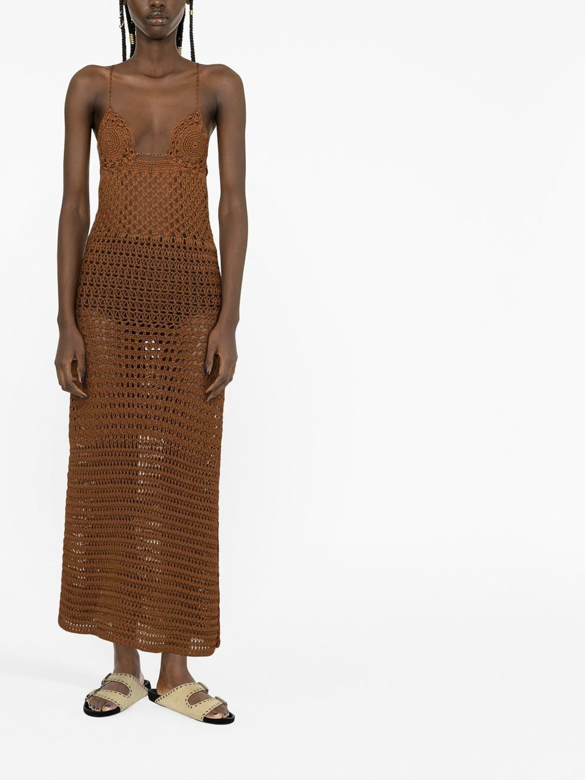 Shop Alanui Crochet-knit Midi Dress With Open Back In Brown