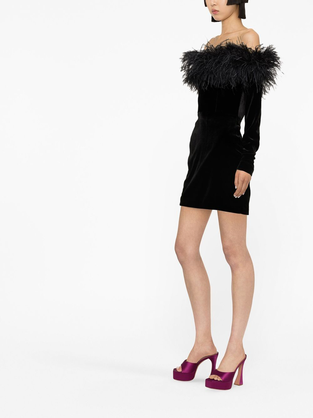 Shop Alessandra Rich Feather-trim Velvet Minidress In Black