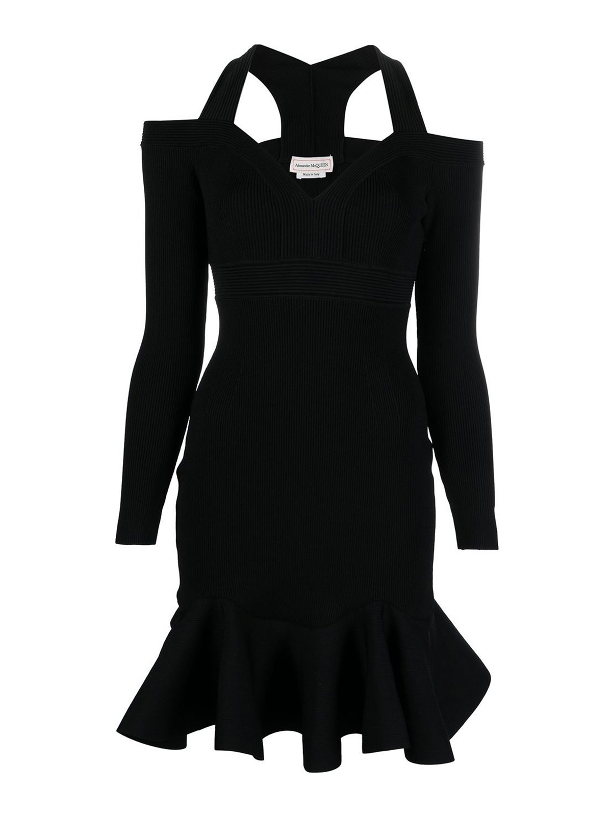 Shop Alexander Mcqueen Ribbed-knit Dress With Straps And Ruffles In Negro