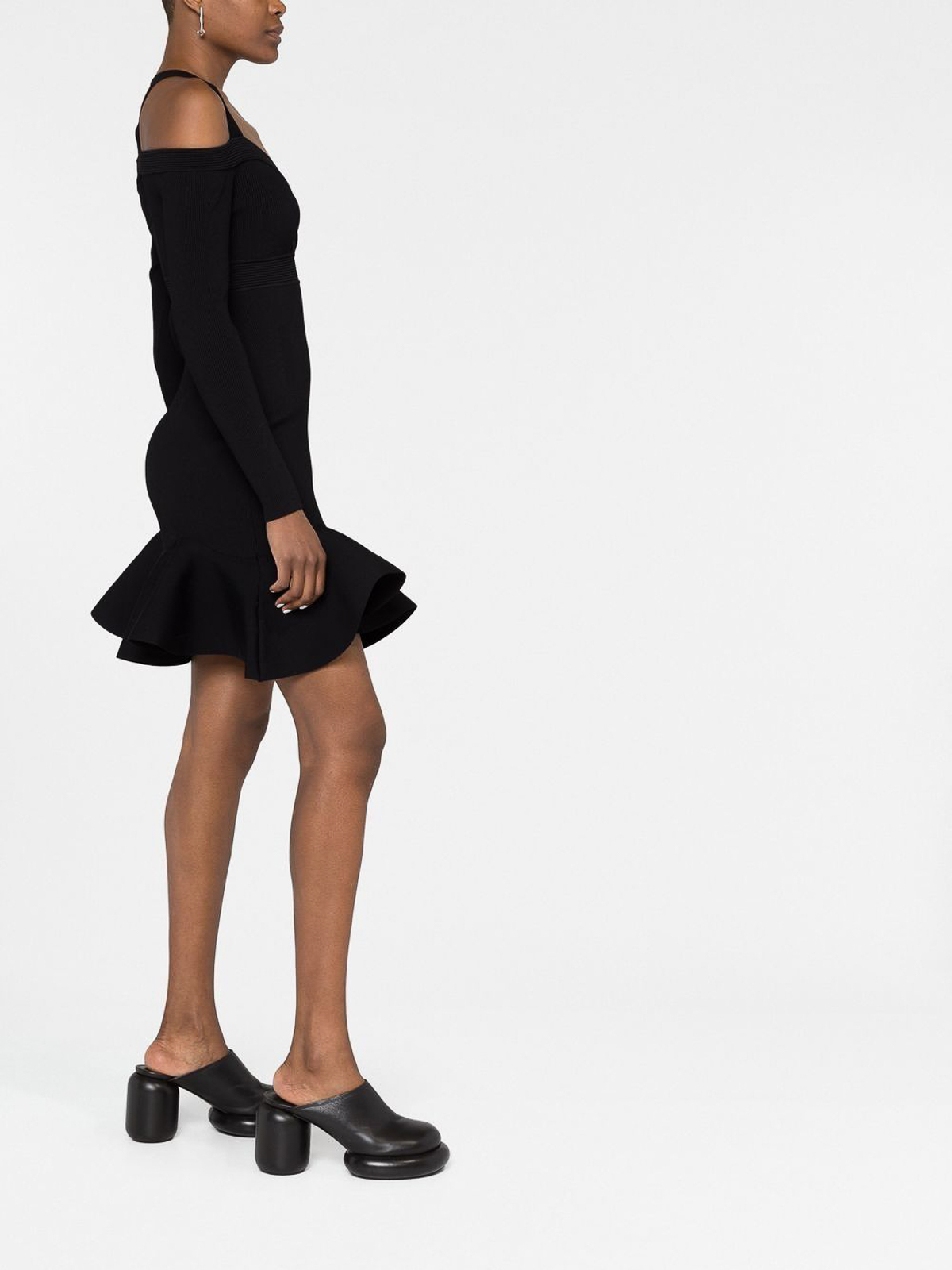 Shop Alexander Mcqueen Ribbed-knit Dress With Straps And Ruffles In Negro