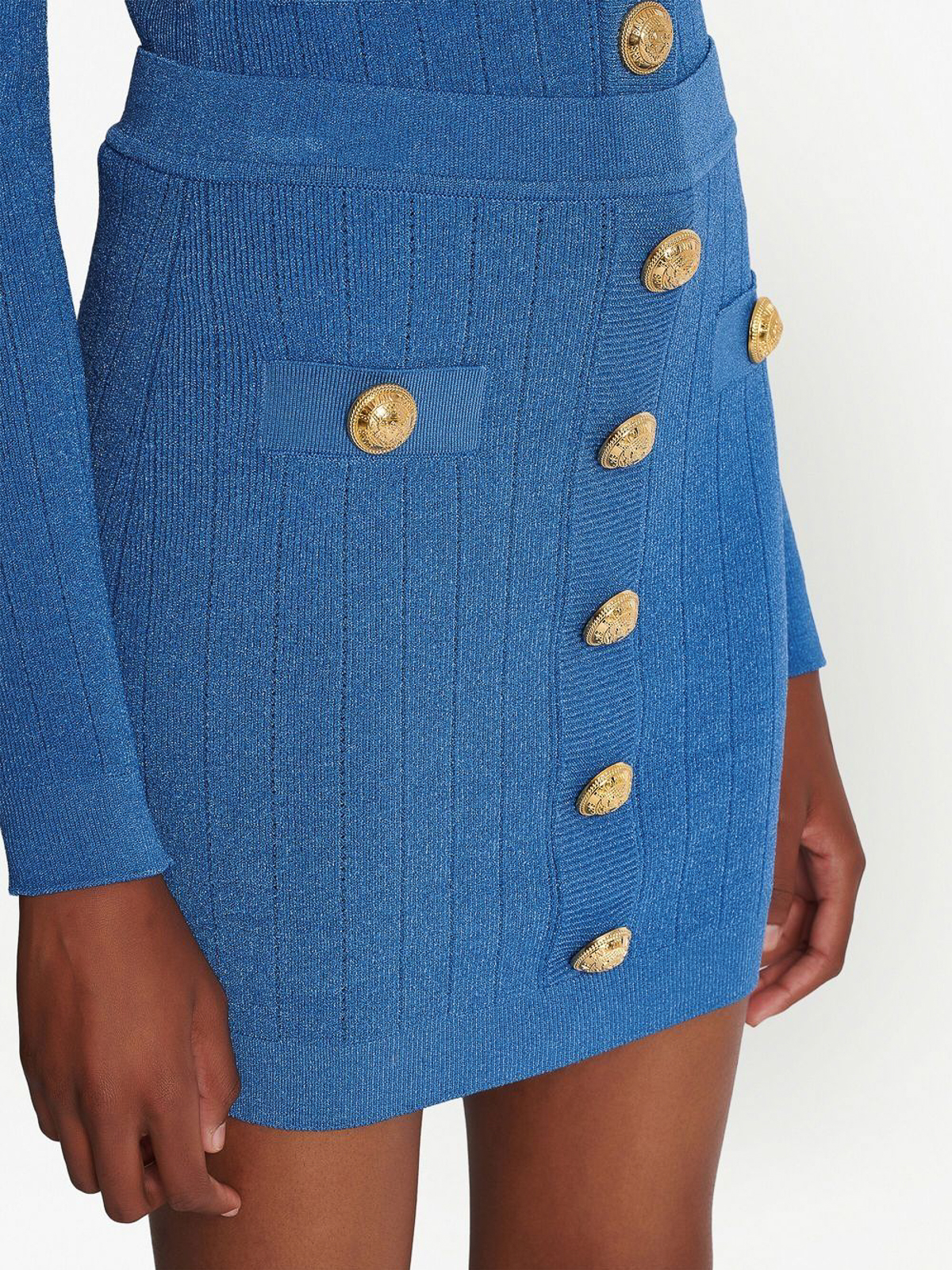 Shop Balmain Buttoned-short-knit-pencil-skirt In Azul